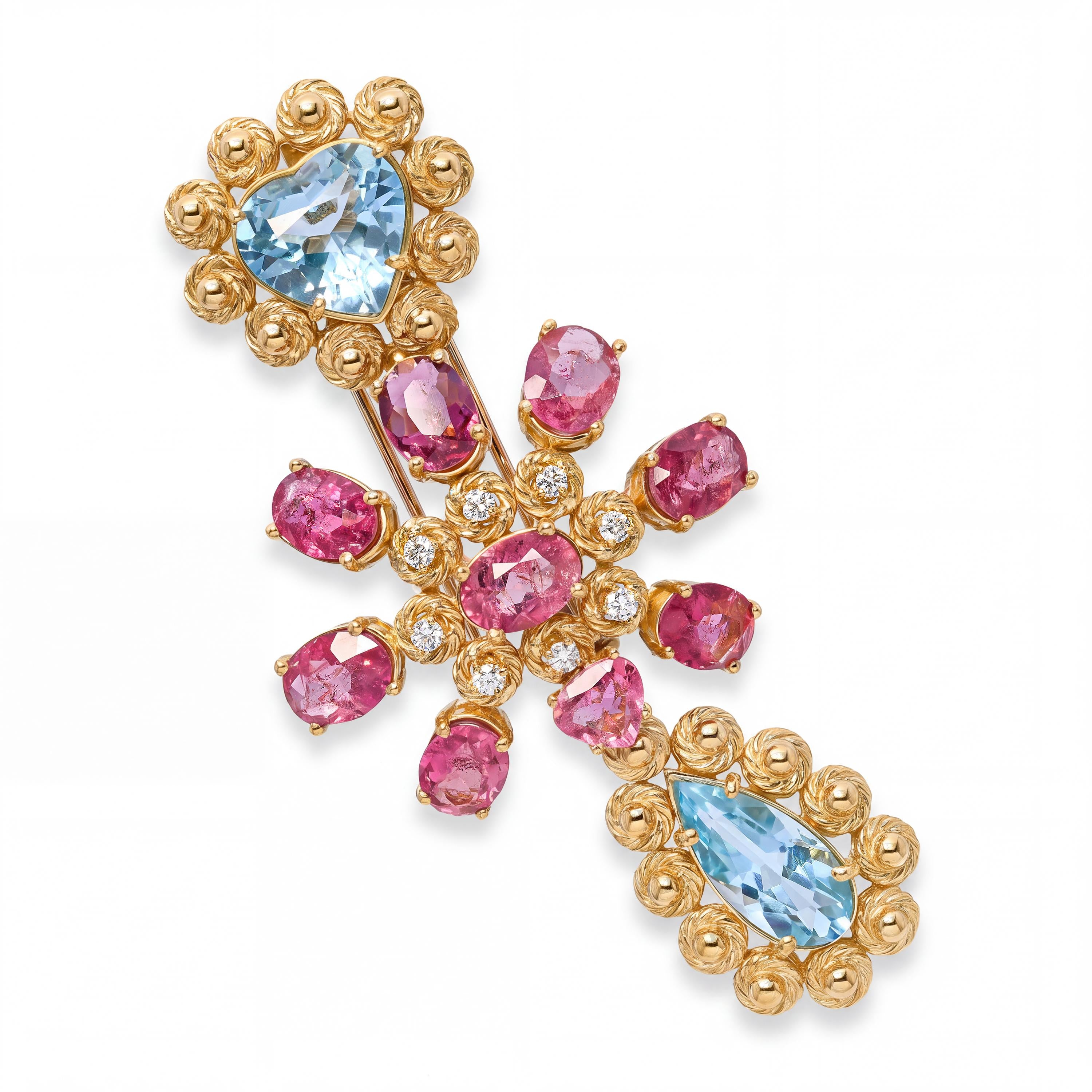 Vintage 18k Yellow Gold Topaz Tourmaline & Diamond Brooch