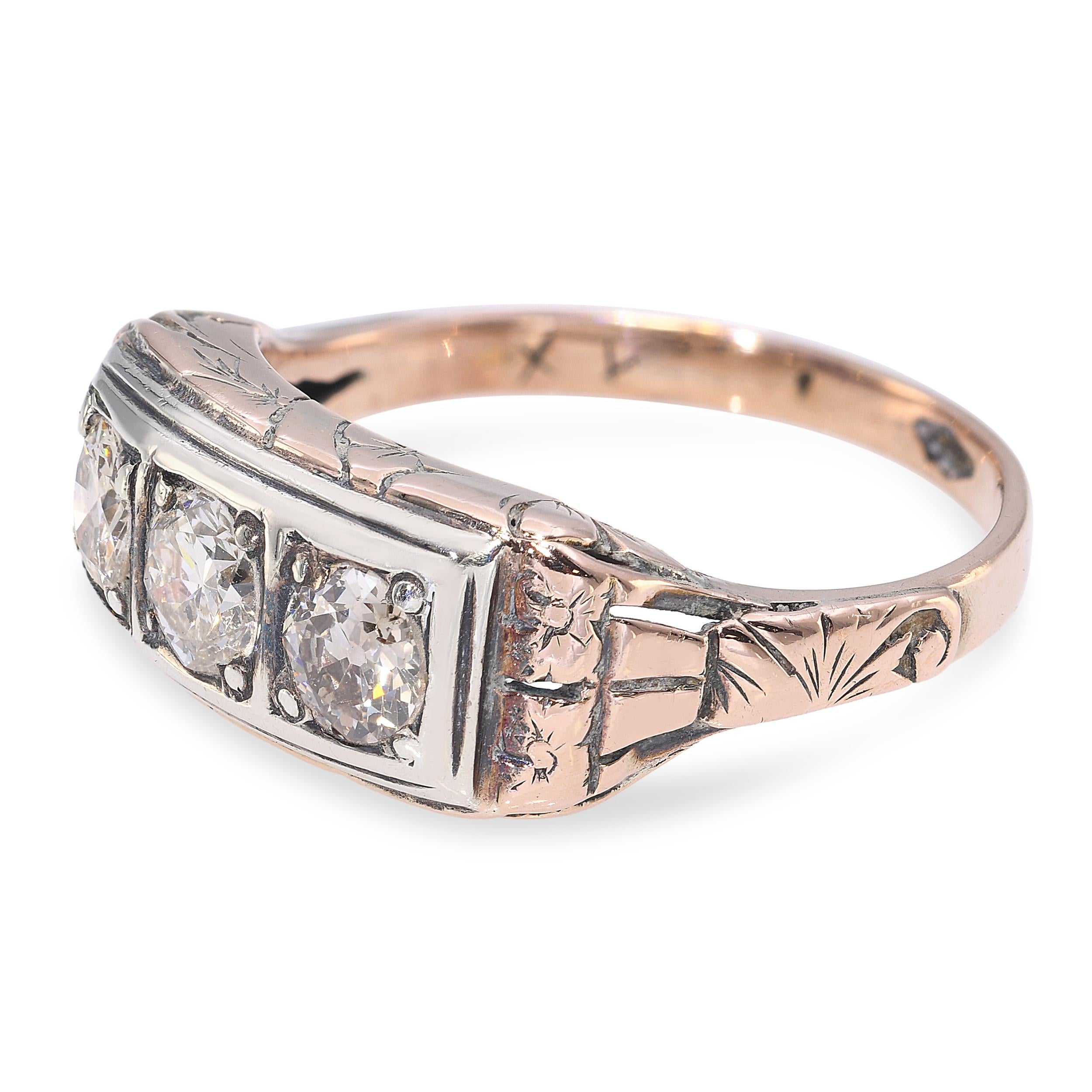 Antique 9k Rose Gold & Silver 0.78tcw Old Euro Cut Diamond Half Band Ring