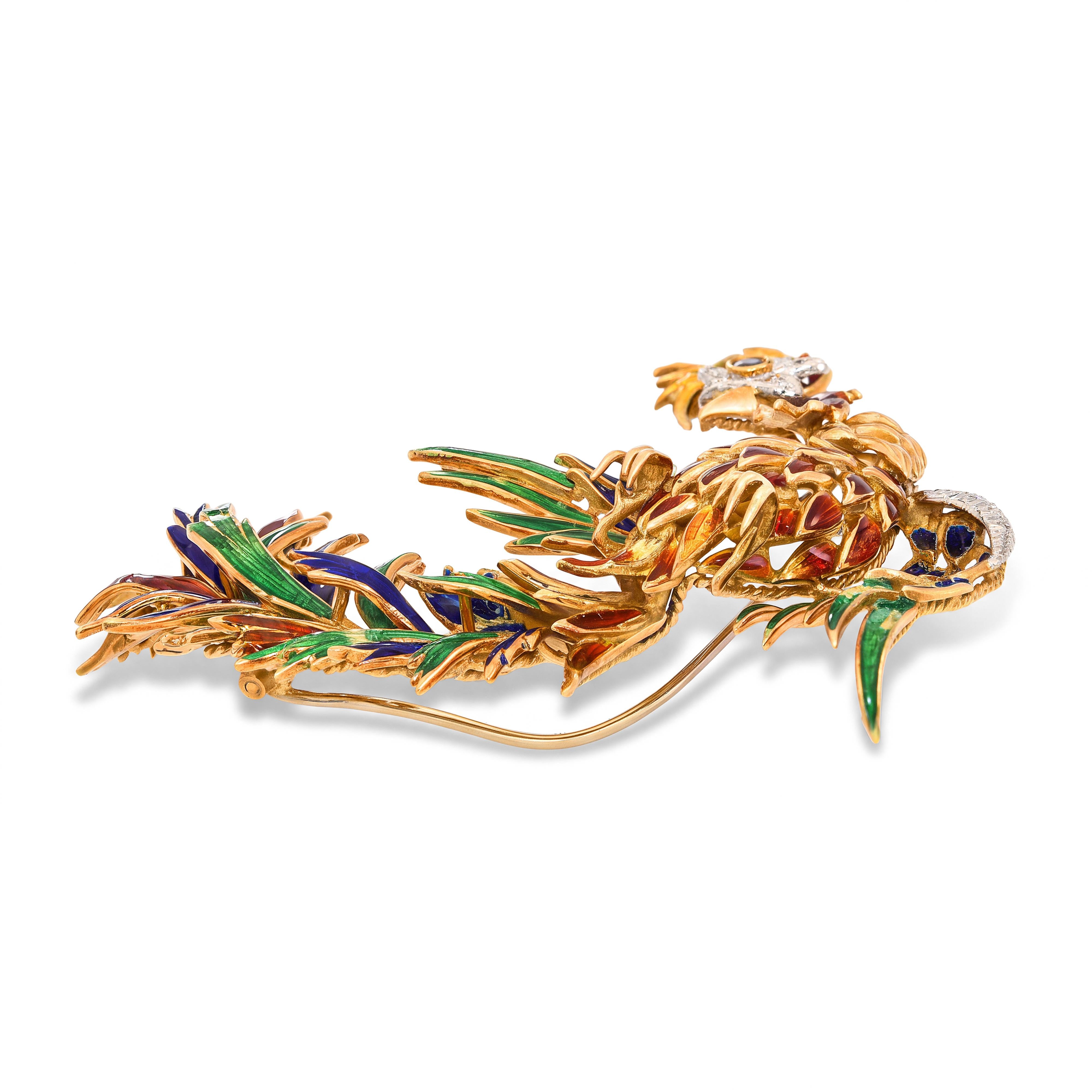 Vintage Italian 18k Yellow Gold Enamel Rooster Diamond & Sapphire Accent Brooch