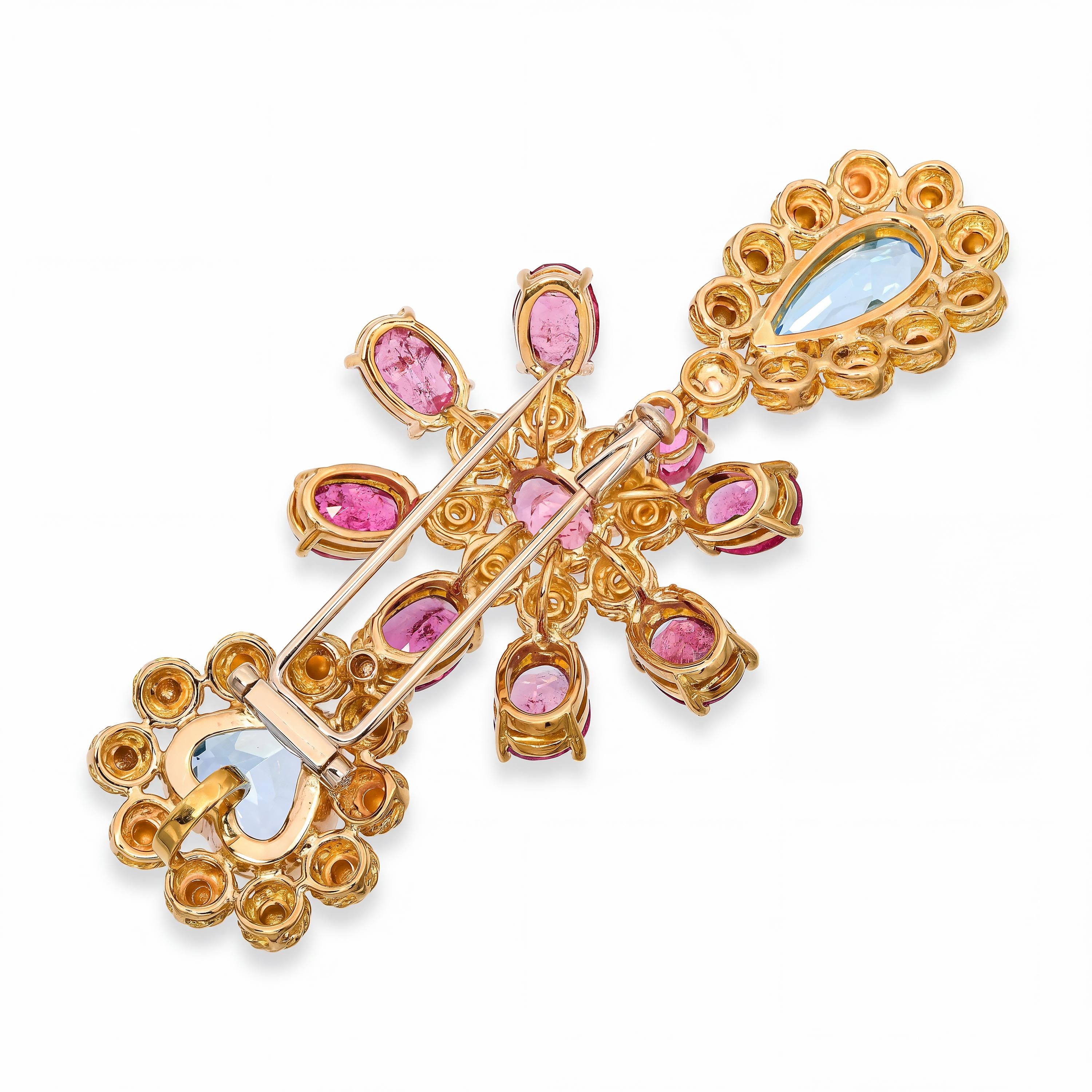 Vintage 18k Yellow Gold Topaz Tourmaline & Diamond Brooch