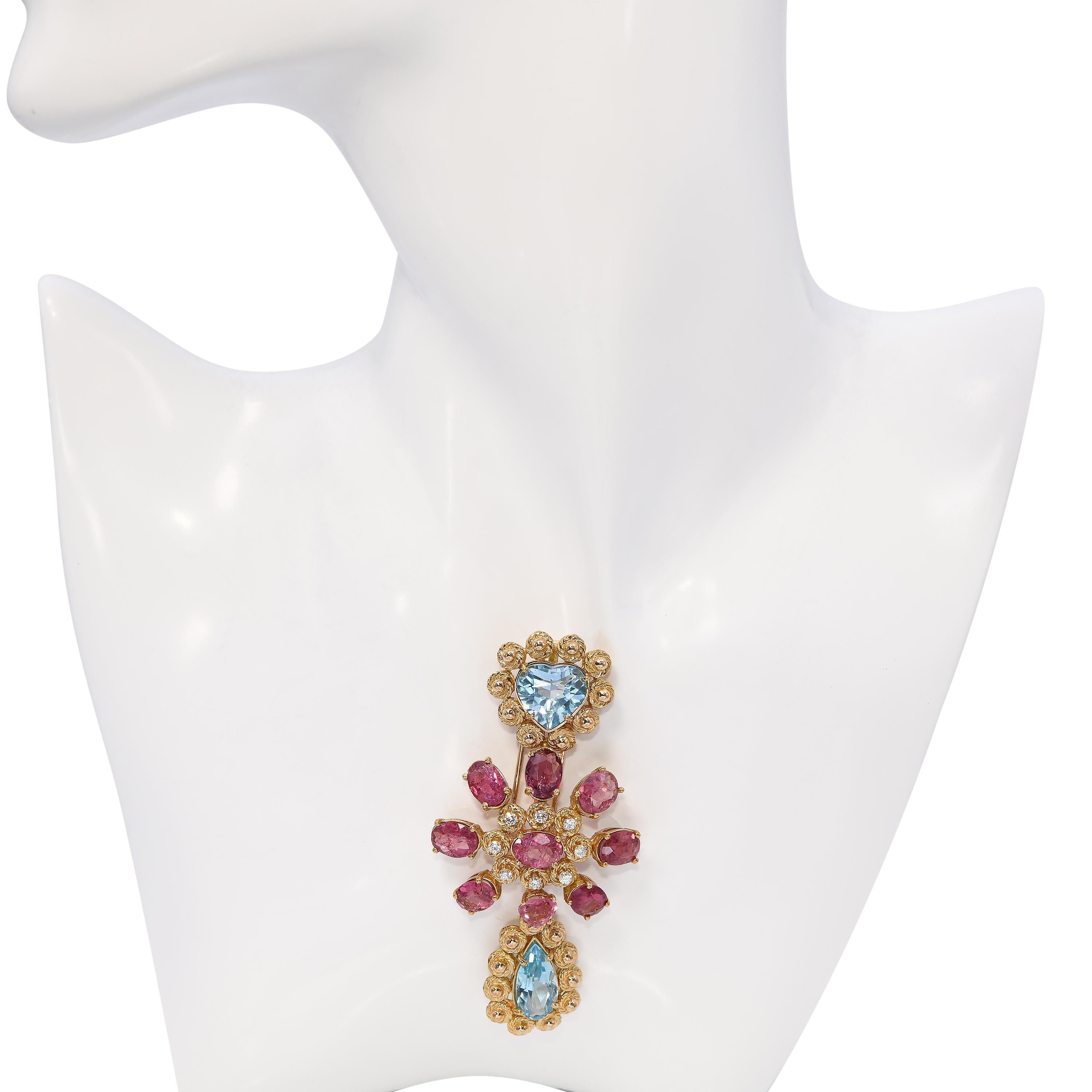 Vintage 18k Yellow Gold Topaz Tourmaline & Diamond Brooch