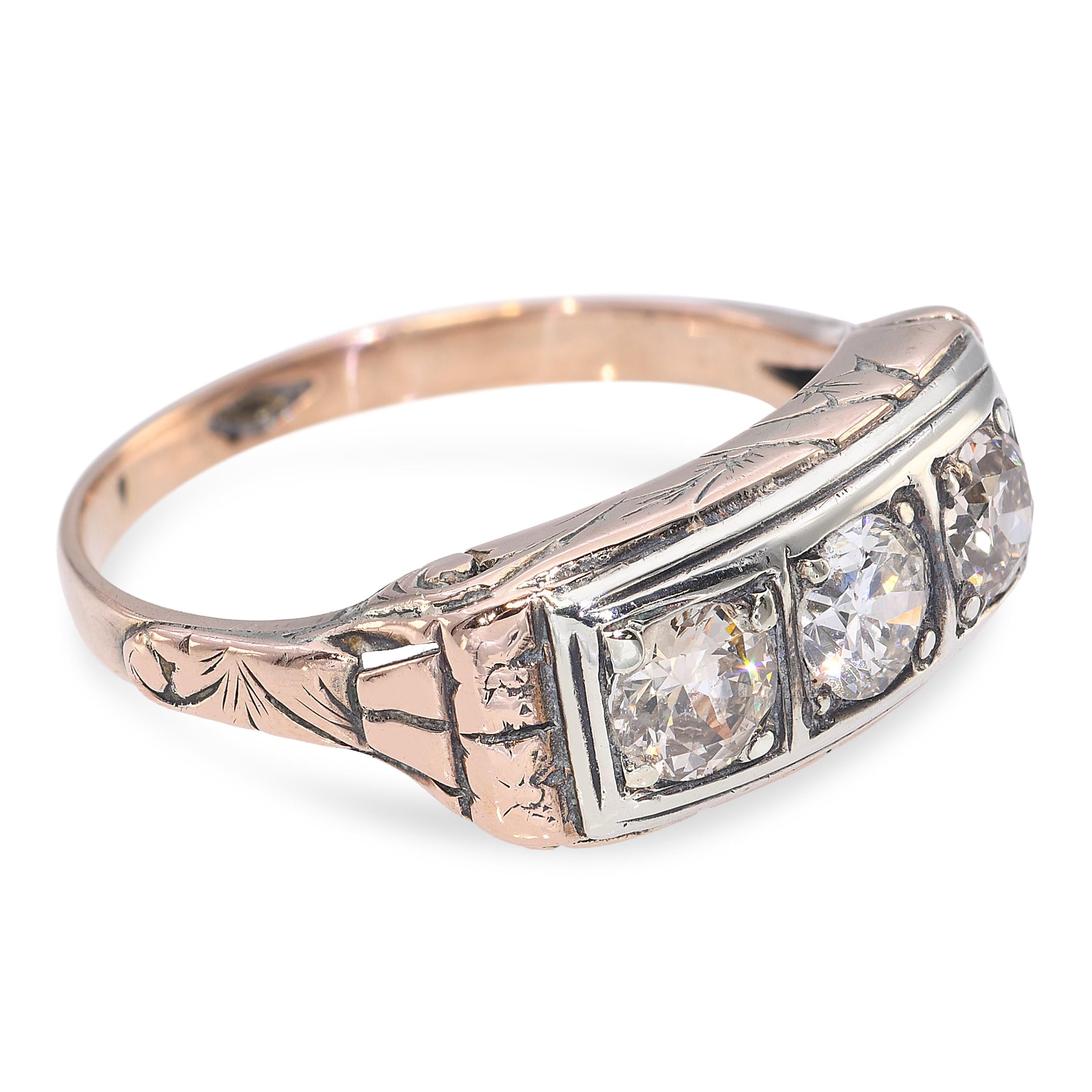 Antique 9k Rose Gold & Silver 0.78tcw Old Euro Cut Diamond Half Band Ring