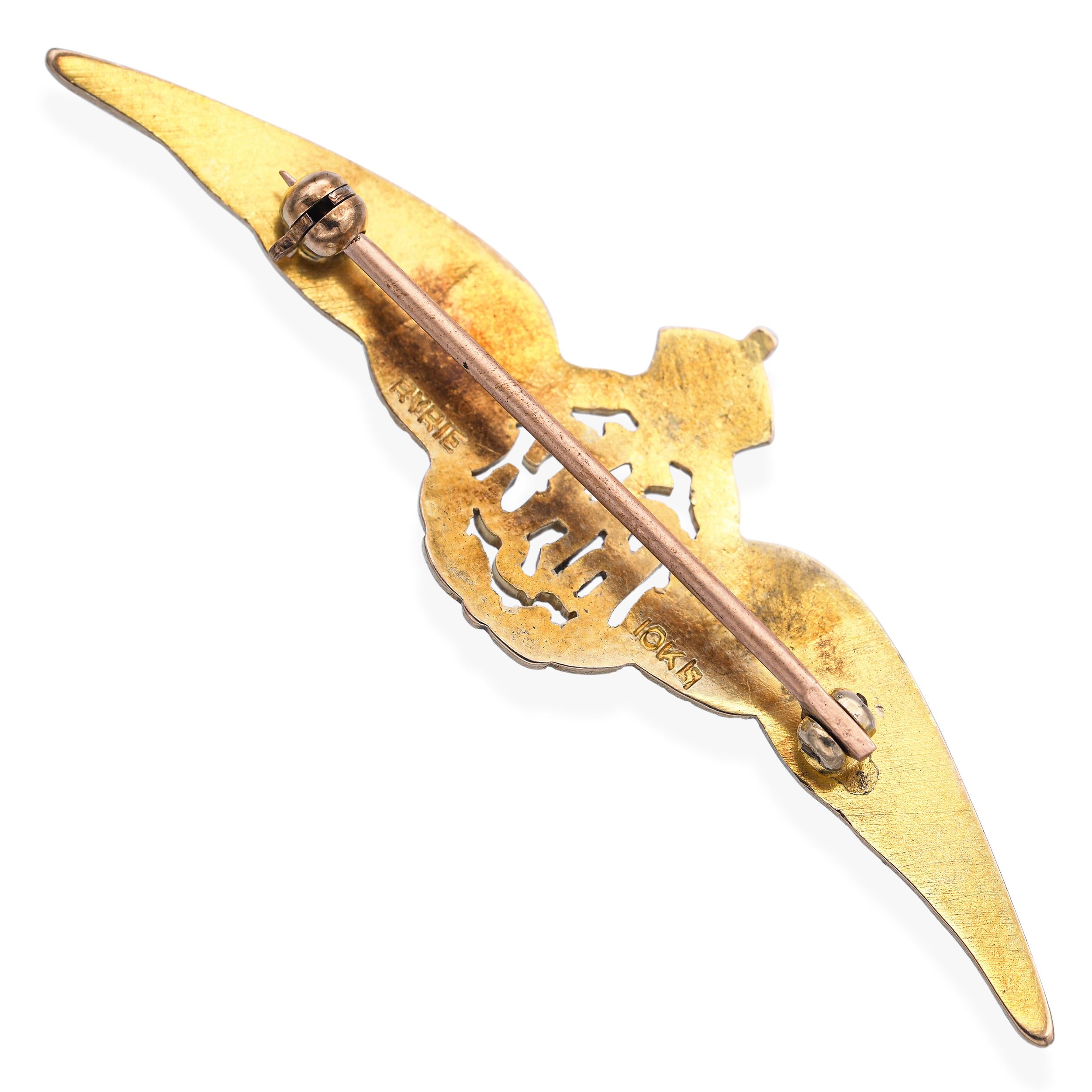 Antique 10k Yellow Gold Royal Flying Corps Winged Brooch