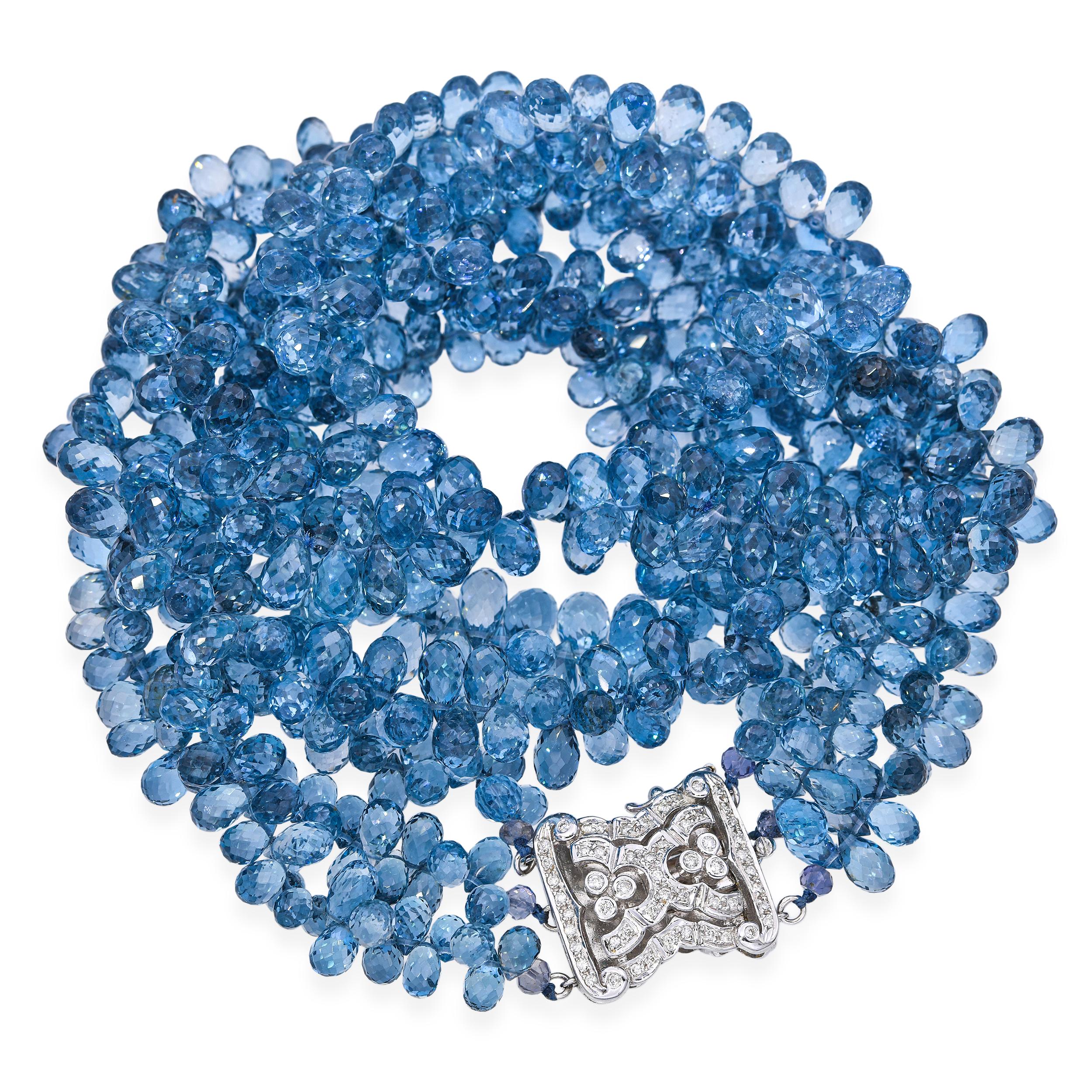 Vintage 14k White Gold Blue Topaz Briolette and Diamond Multi Strand Necklace