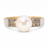 Antique Silver Topped 14k Yellow Gold Rose Cut Diamond 7.60mm Pearl Ring