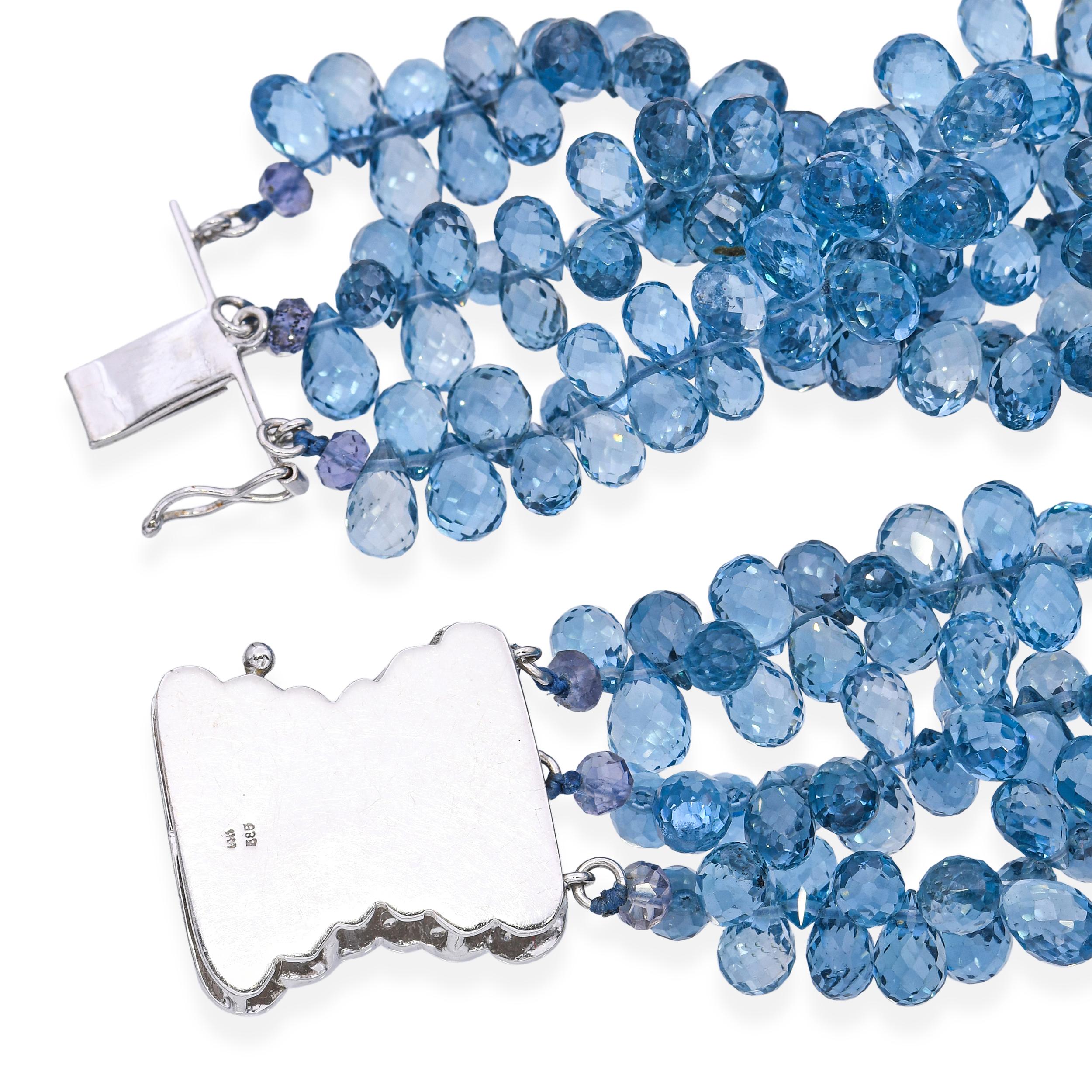 Vintage 14k White Gold Blue Topaz Briolette and Diamond Multi Strand Necklace