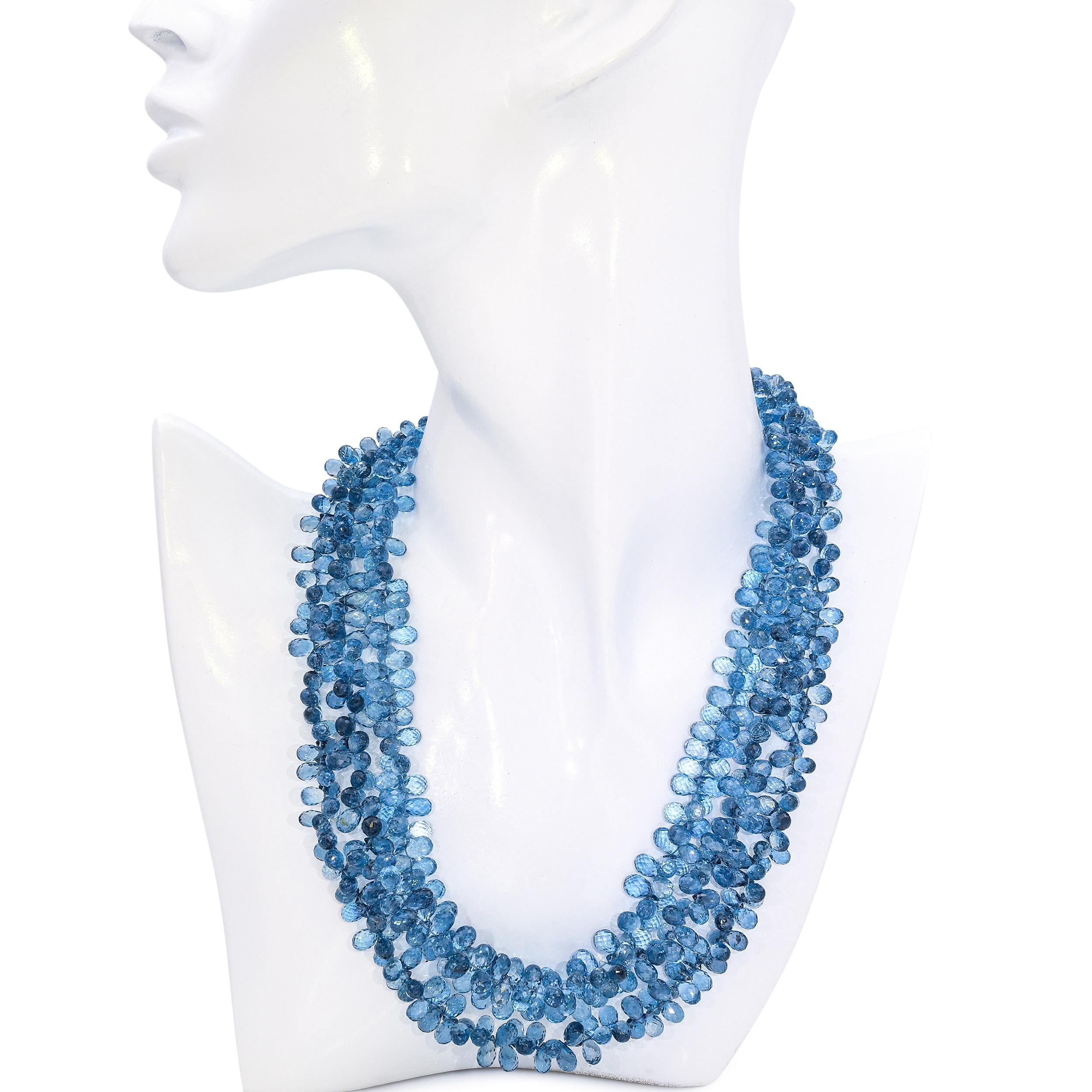 Vintage 14k White Gold Blue Topaz Briolette and Diamond Multi Strand Necklace