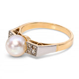 Antique Silver Topped 14k Yellow Gold Rose Cut Diamond 7.60mm Pearl Ring