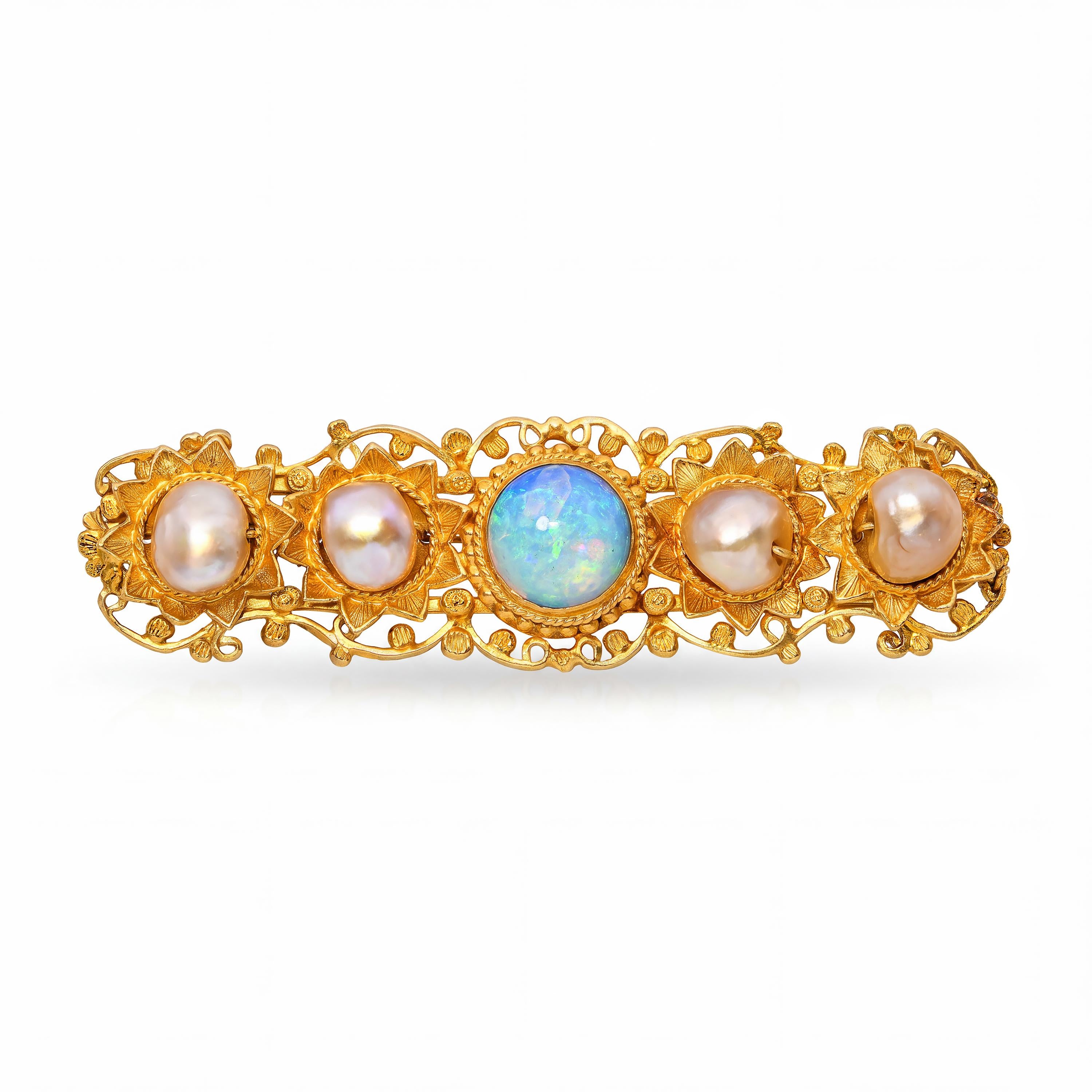 Antique 23k Yellow Gold Natural Pearl and Opal Bar Brooch