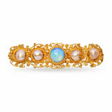Antique 23k Yellow Gold Natural Pearl and Opal Bar Brooch