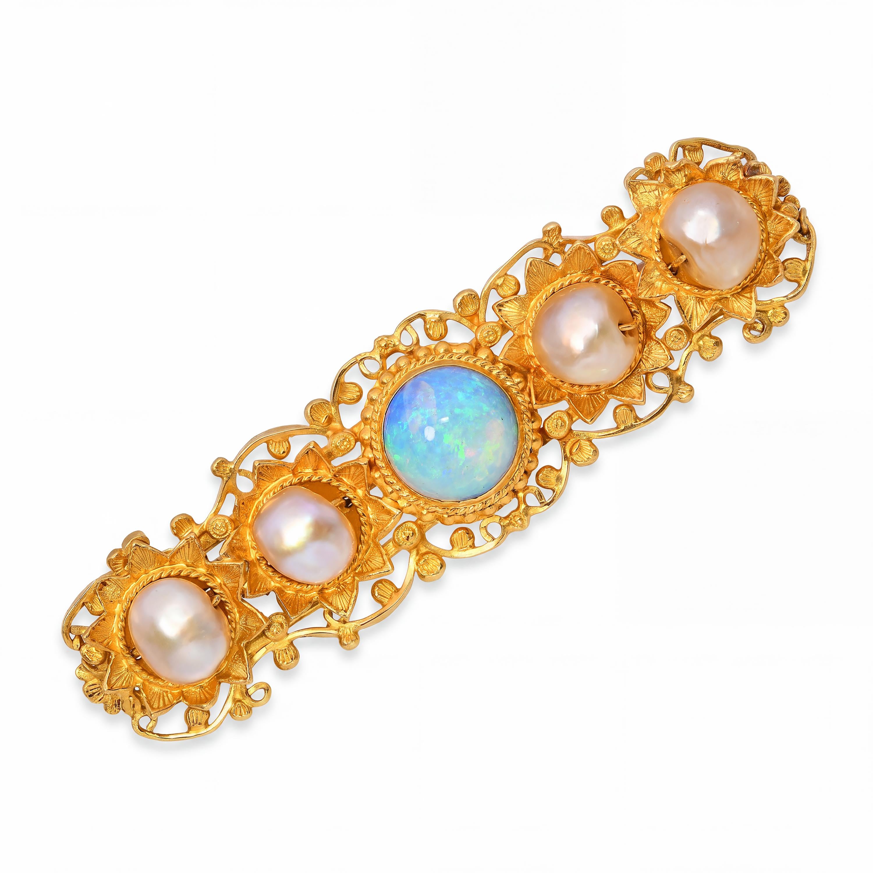 Antique 23k Yellow Gold Natural Pearl and Opal Bar Brooch