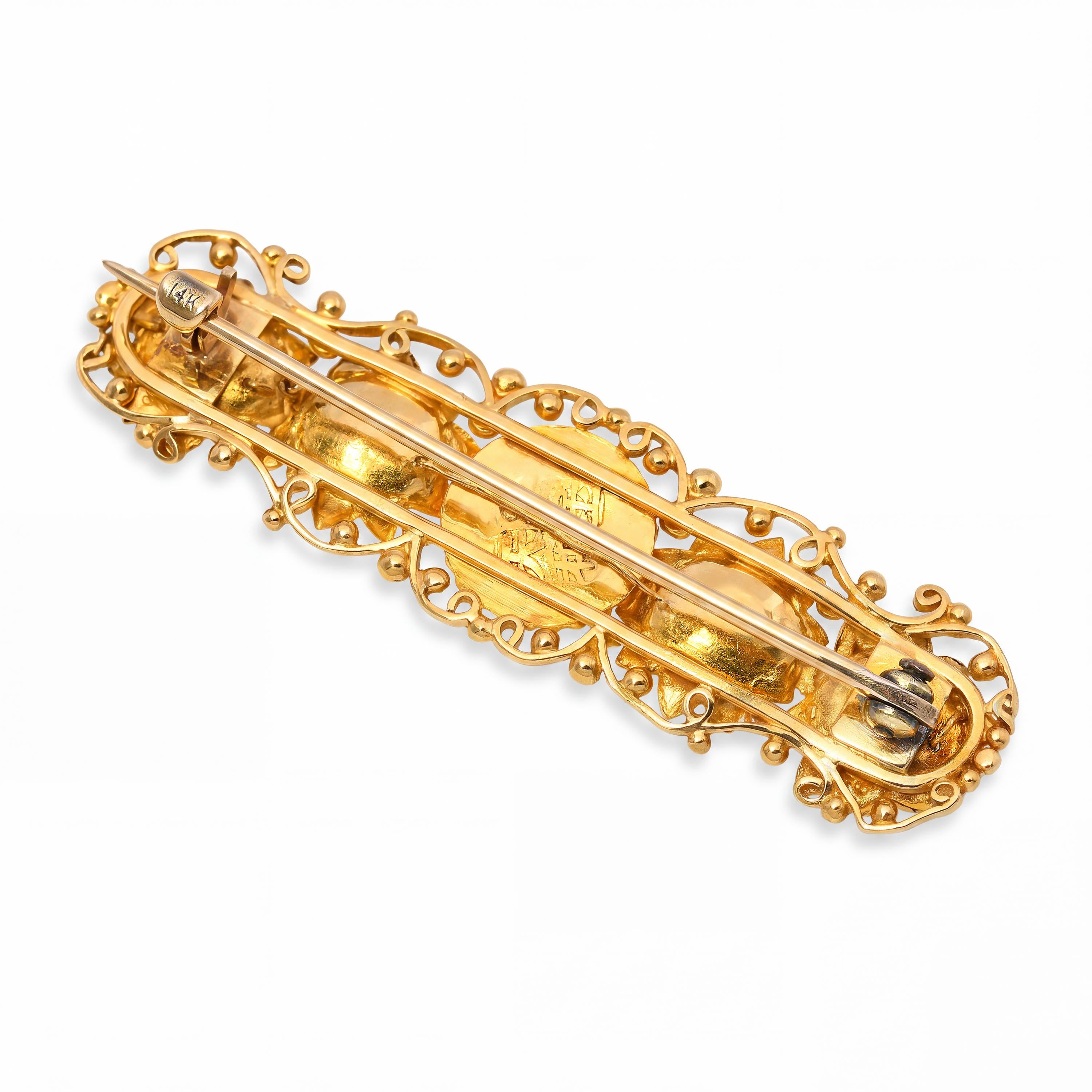 Antique 23k Yellow Gold Natural Pearl and Opal Bar Brooch