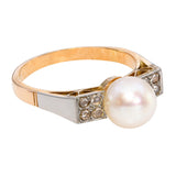 Antique Silver Topped 14k Yellow Gold Rose Cut Diamond 7.60mm Pearl Ring