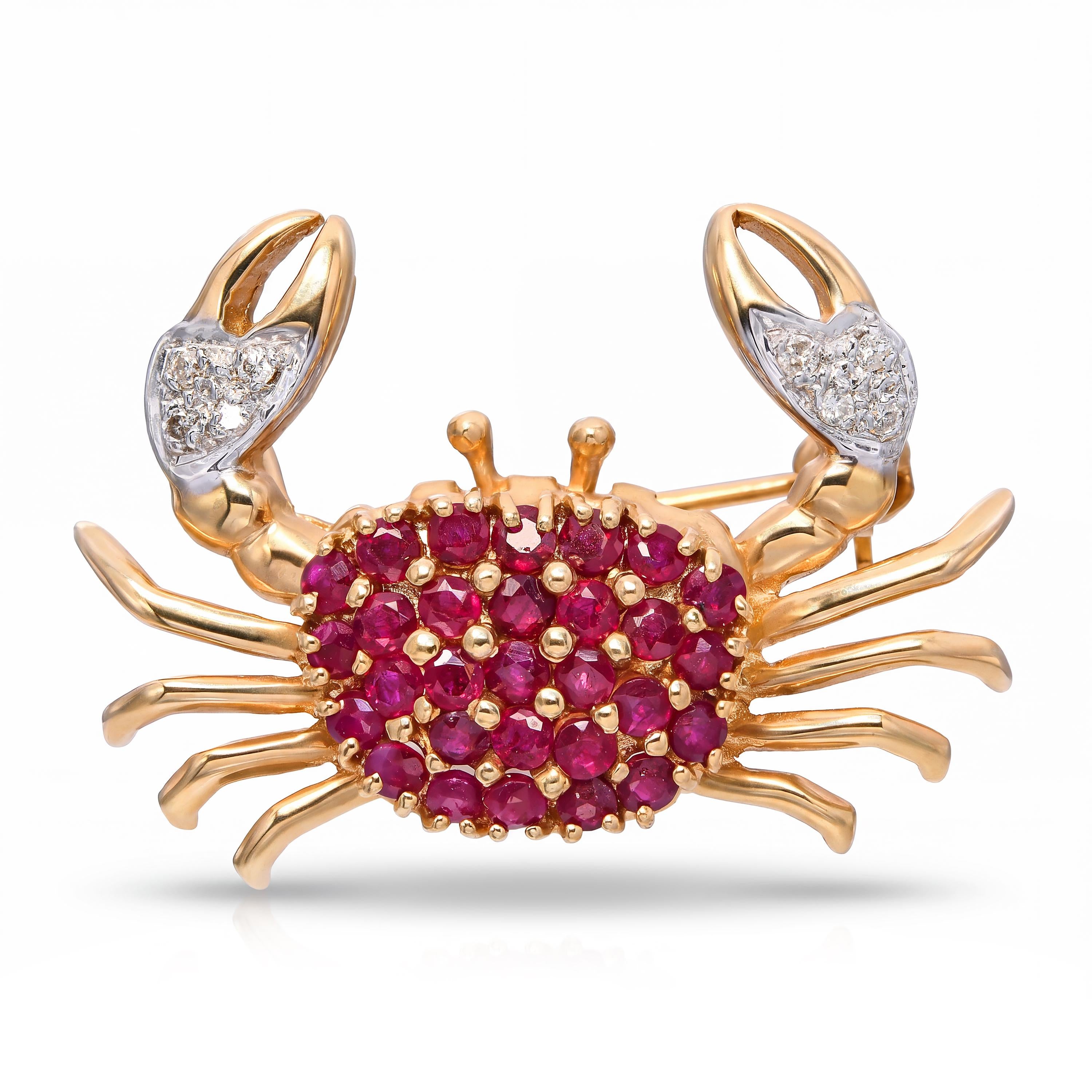 Vintage 14k Yellow Gold Ruby and Diamond Crab Brooch