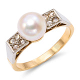 Antique Silver Topped 14k Yellow Gold Rose Cut Diamond 7.60mm Pearl Ring