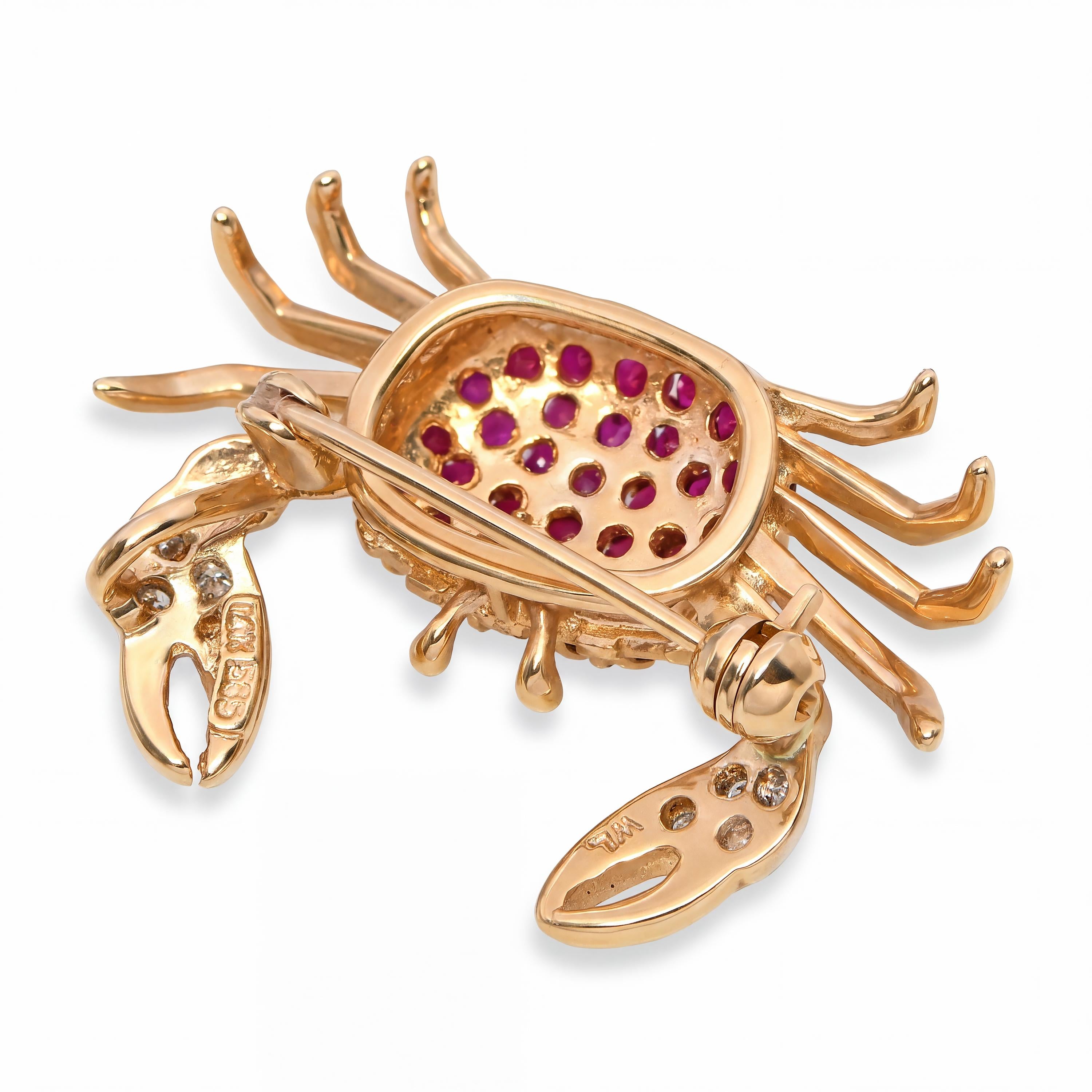 Vintage 14k Yellow Gold Ruby and Diamond Crab Brooch