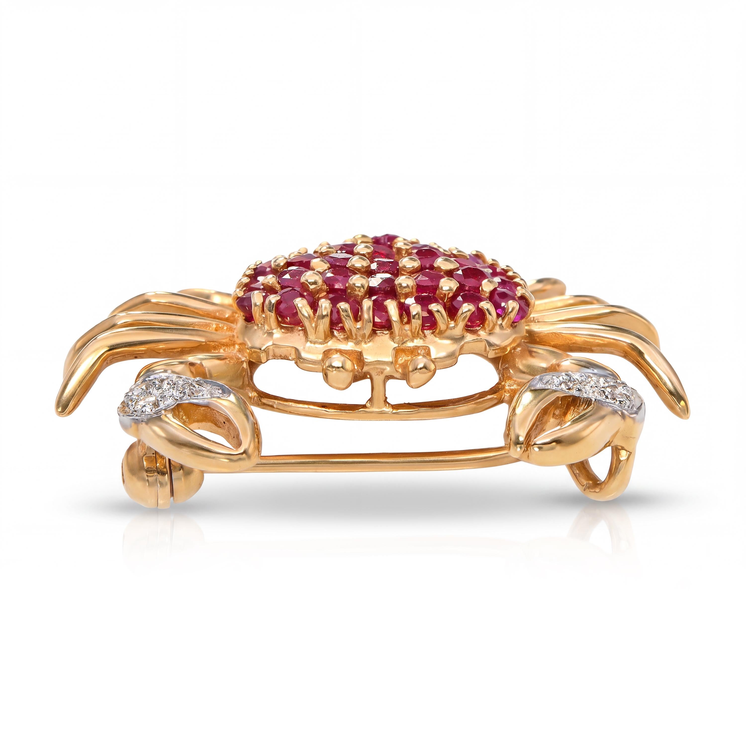 Vintage 14k Yellow Gold Ruby and Diamond Crab Brooch