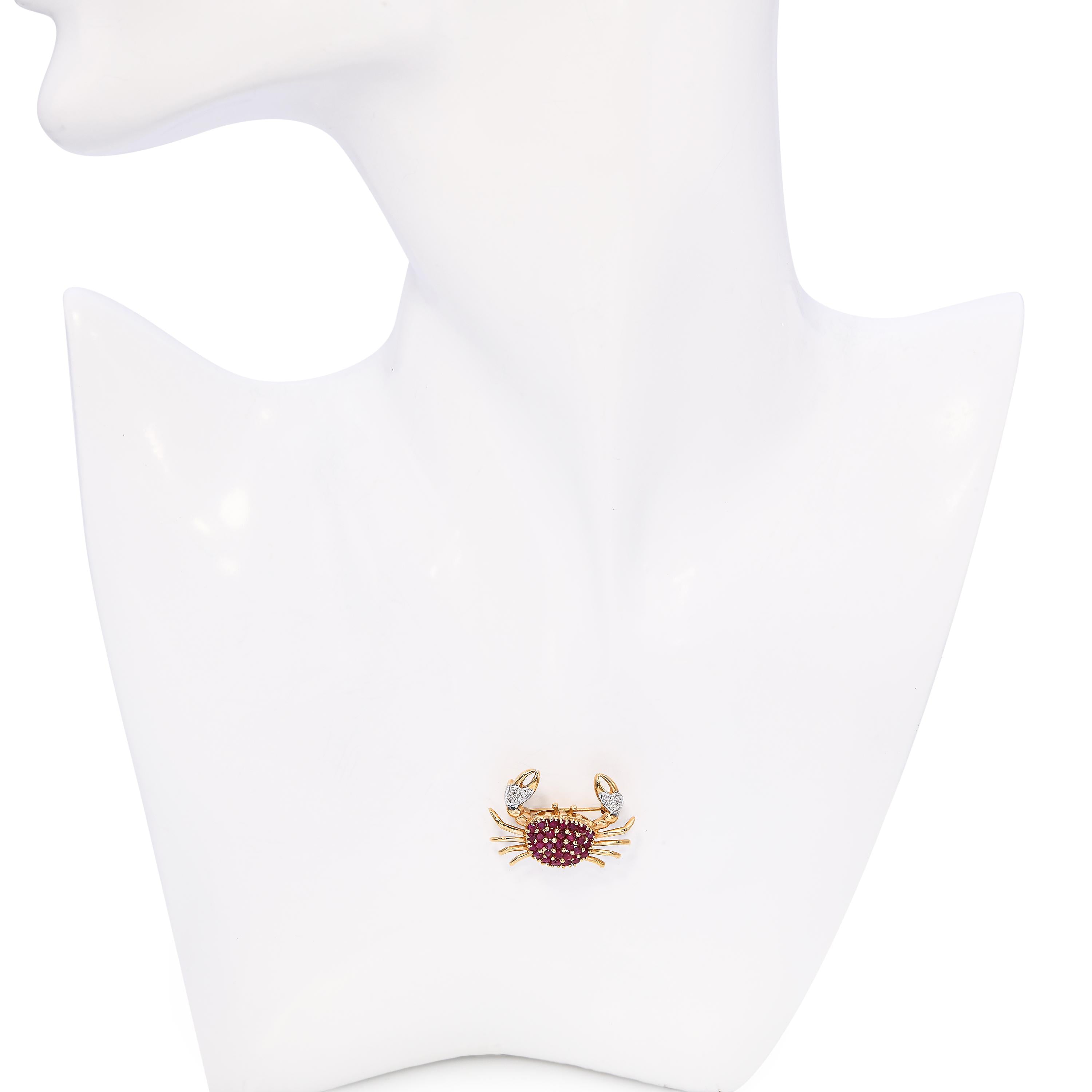 Vintage 14k Yellow Gold Ruby and Diamond Crab Brooch