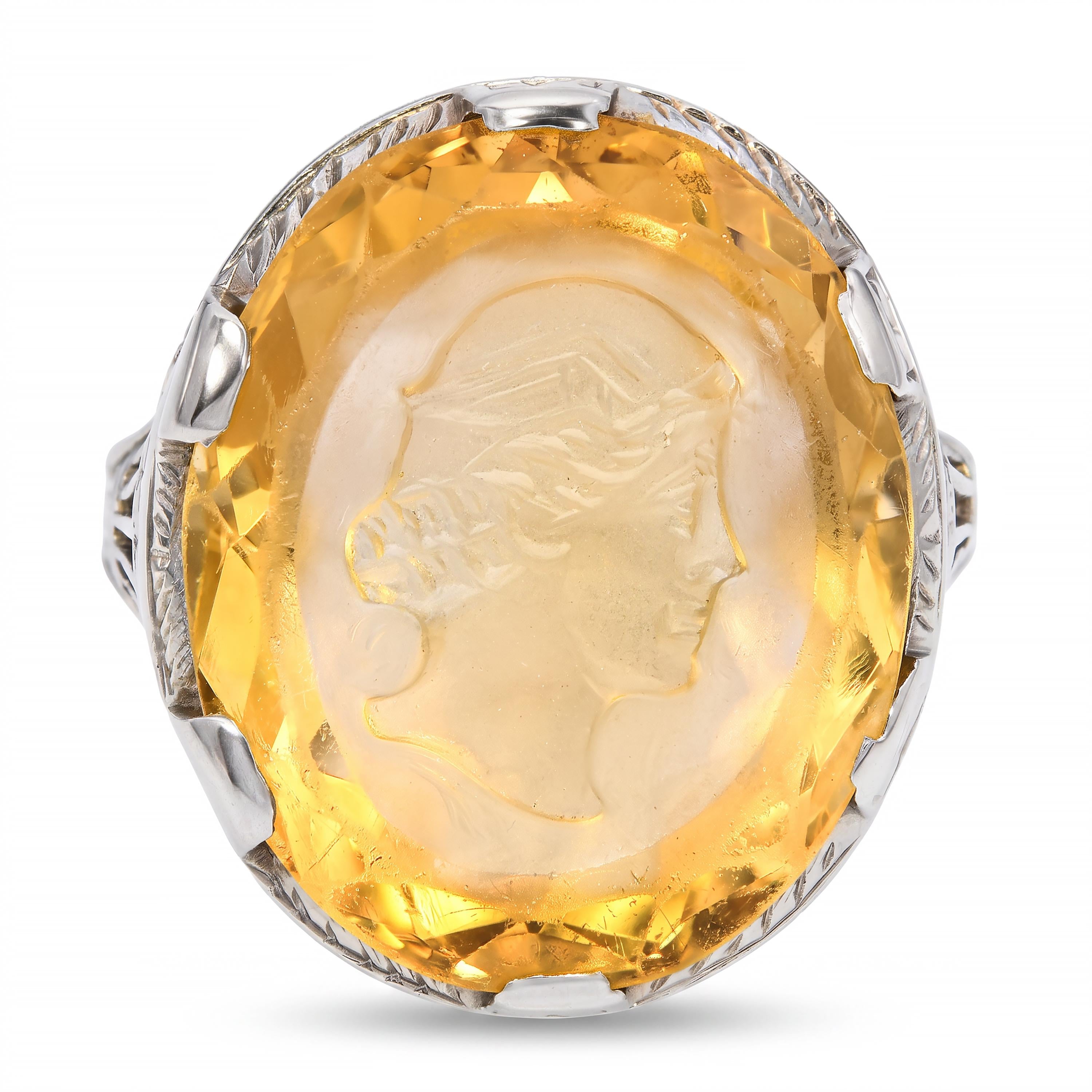 Vintage 18k White Gold Carved Citrine Intaglio Fillagree Ring