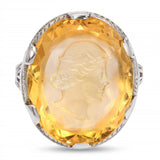 Vintage 18k White Gold Carved Citrine Intaglio Fillagree Ring