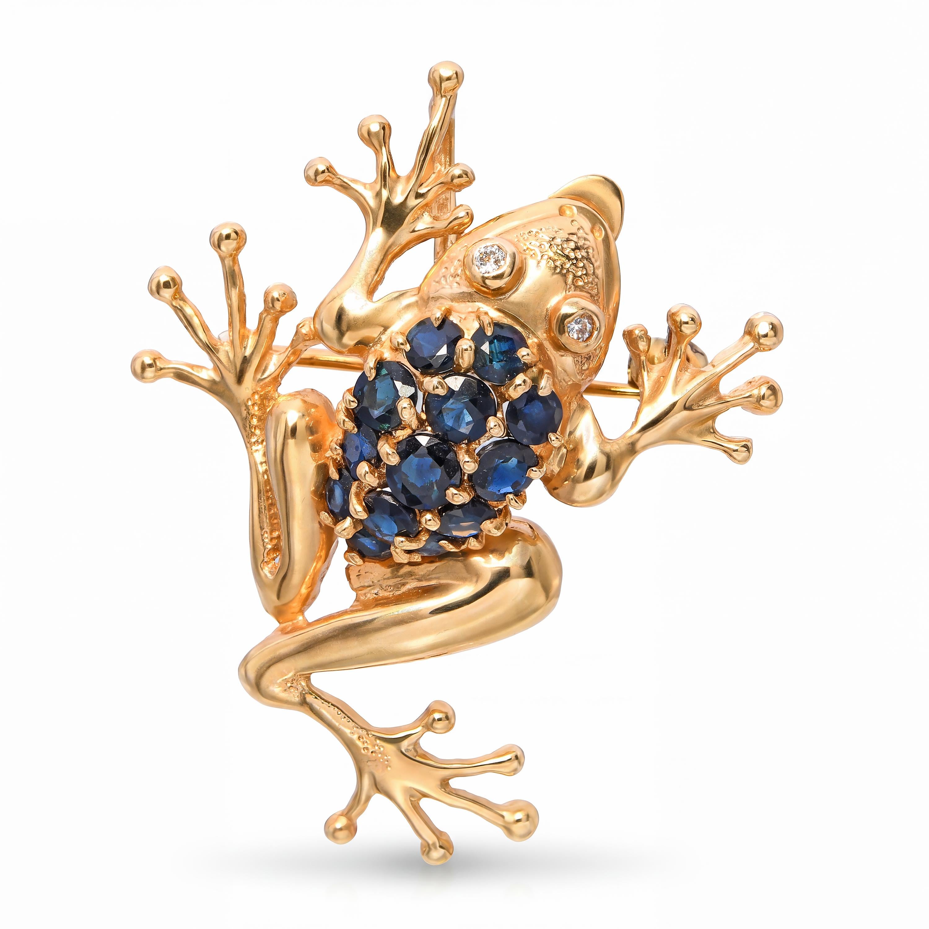 Vintage 14k Yellow Gold Teal Sapphire and Diamond Frog Brooch