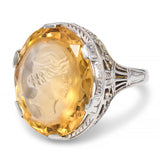 Vintage 18k White Gold Carved Citrine Intaglio Fillagree Ring