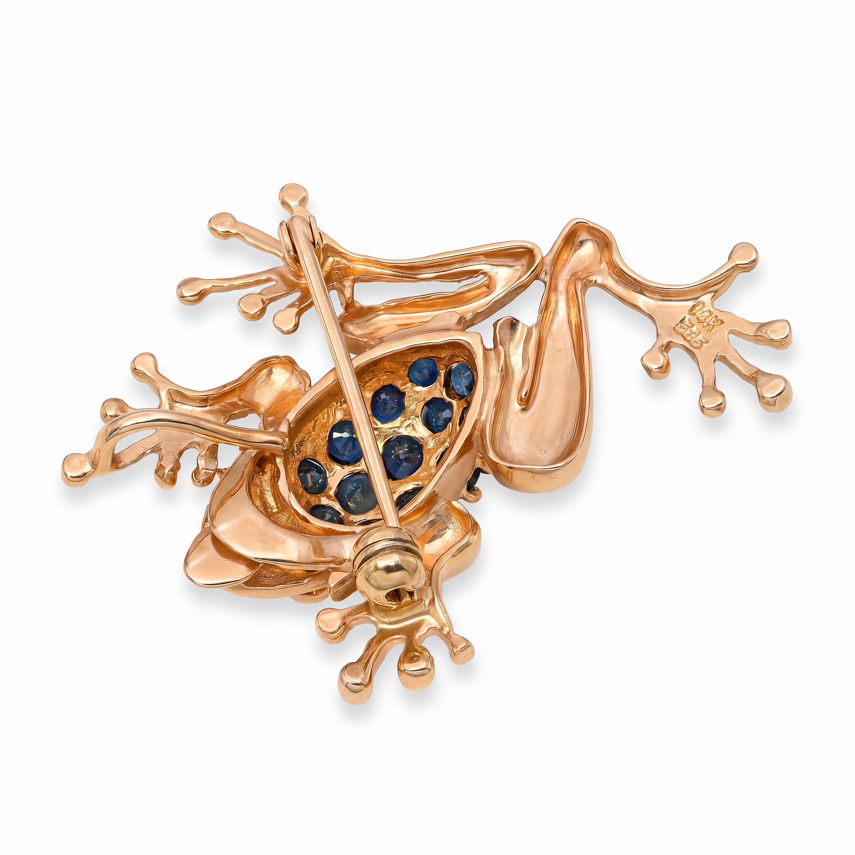 Vintage 14k Yellow Gold Teal Sapphire and Diamond Frog Brooch