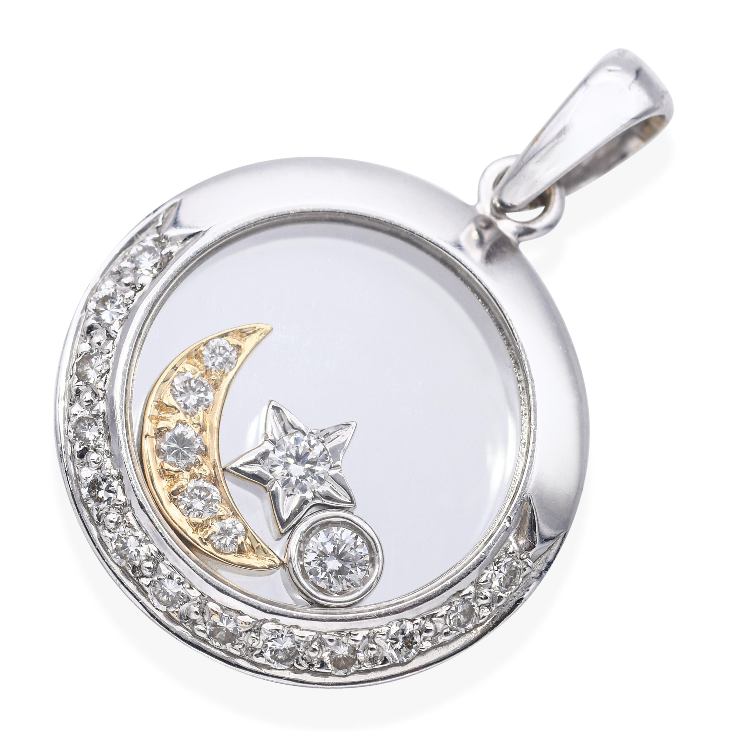 18k White Gold and Diamond Floating Moon and Stars Pendant