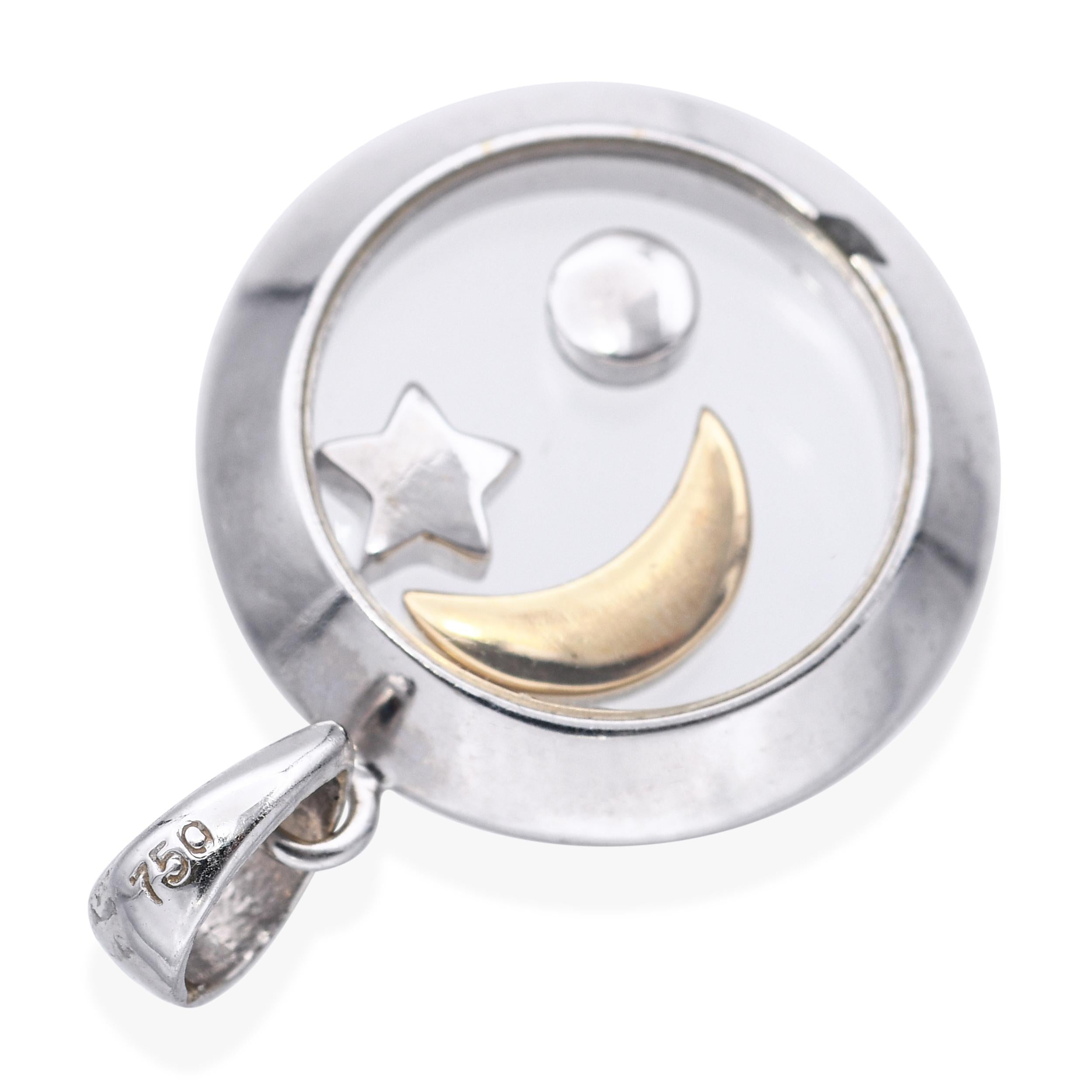 18k White Gold and Diamond Floating Moon and Stars Pendant