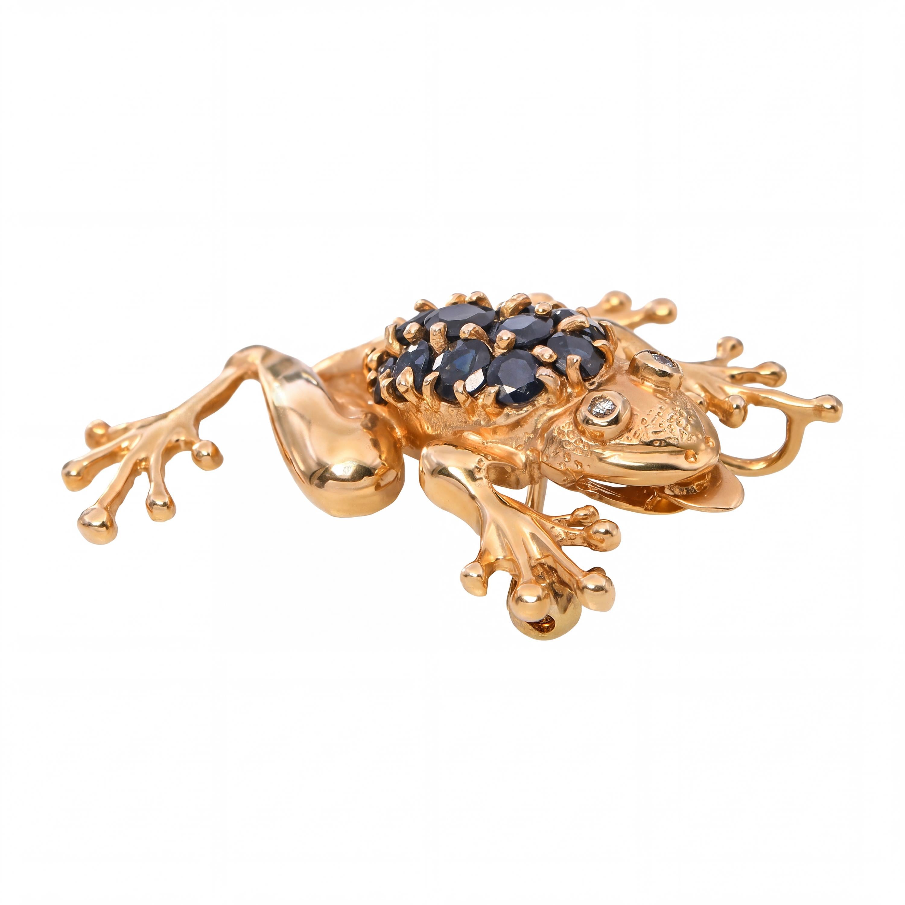 Vintage 14k Yellow Gold Teal Sapphire and Diamond Frog Brooch