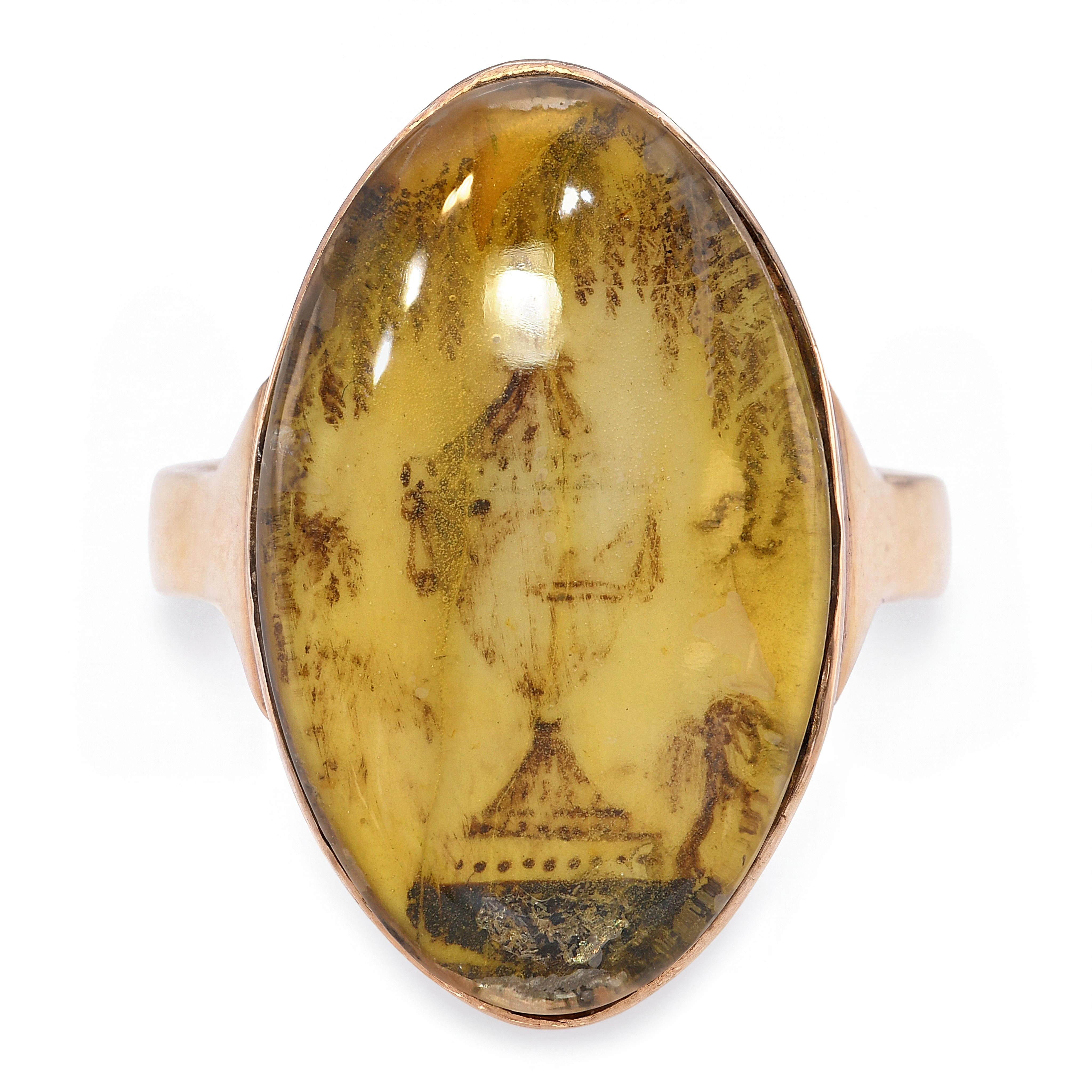 Antique Georgian 10k Yellow Gold Sepia Memorial Miniature Mourning Ring