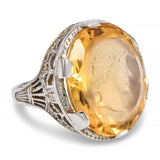 Vintage 18k White Gold Carved Citrine Intaglio Fillagree Ring