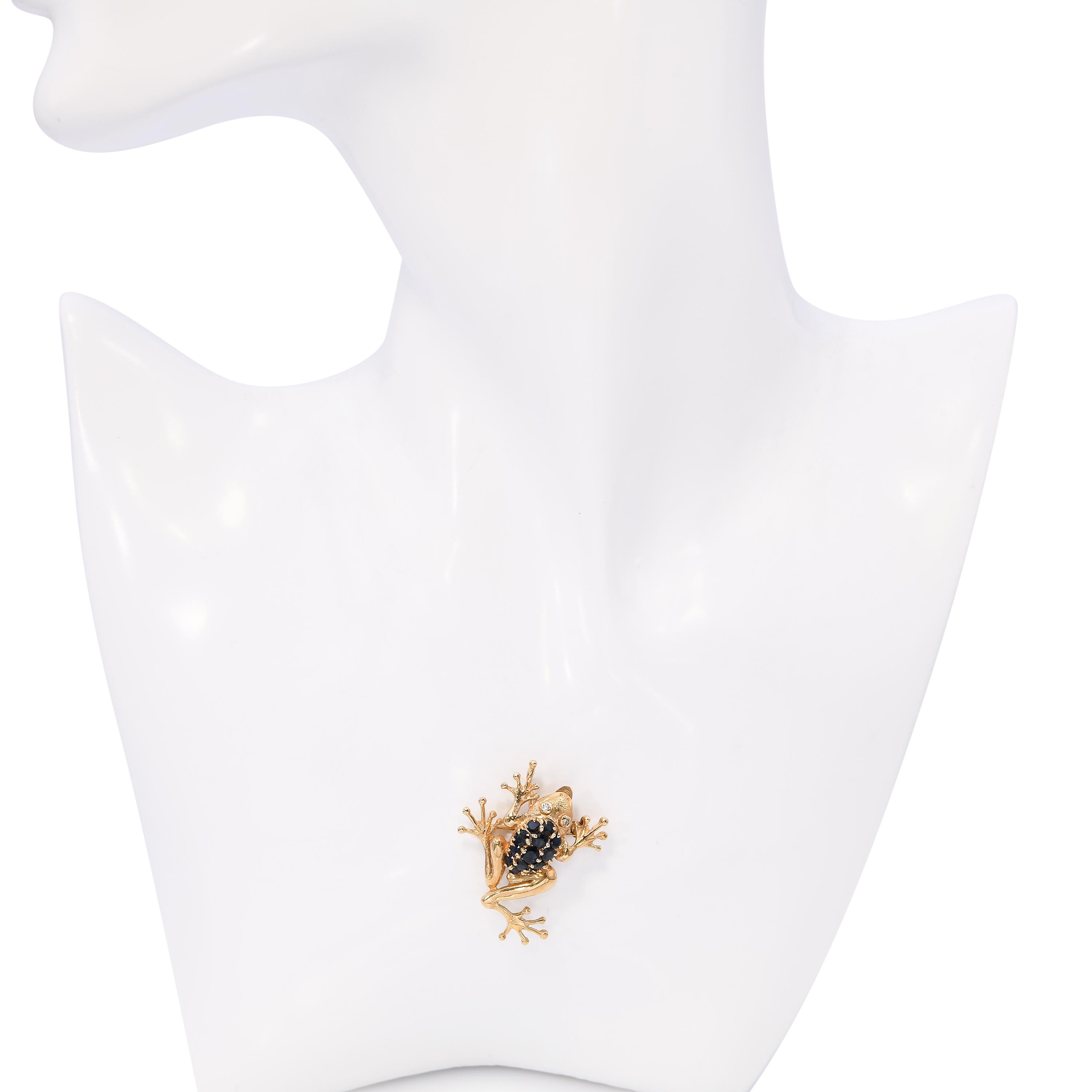 Vintage 14k Yellow Gold Teal Sapphire and Diamond Frog Brooch