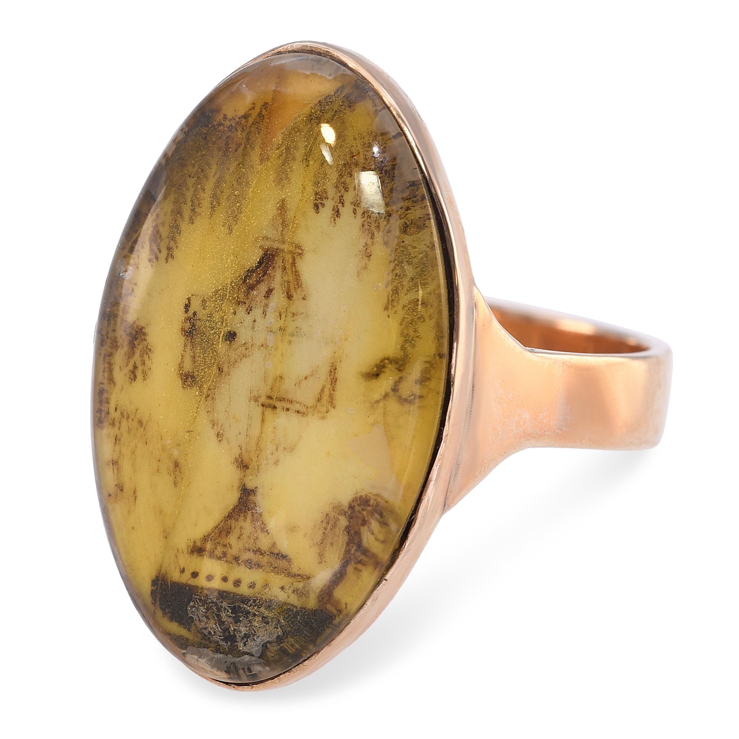 Antique Georgian 10k Yellow Gold Sepia Memorial Miniature Mourning Ring