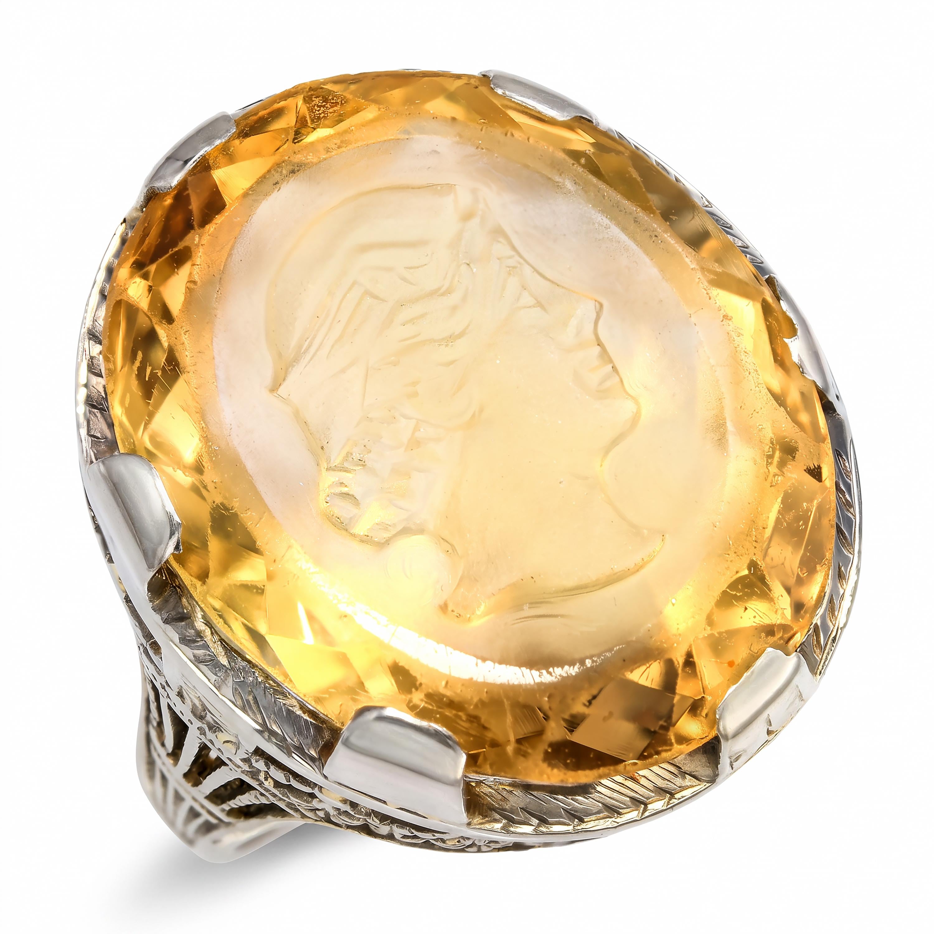 Vintage 18k White Gold Carved Citrine Intaglio Fillagree Ring