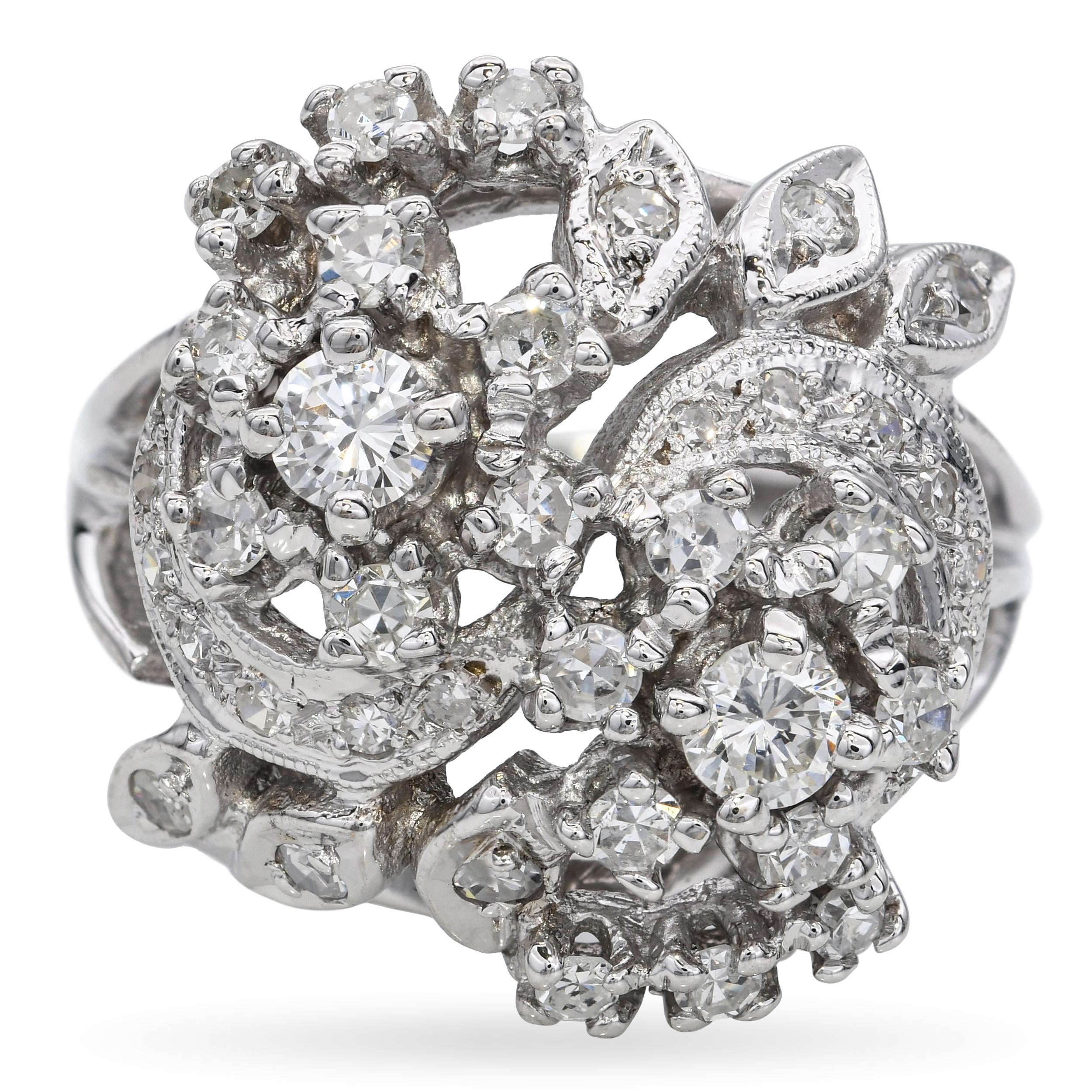 Vintage 14k White Gold 0.81tcw Diamond Floral Ring