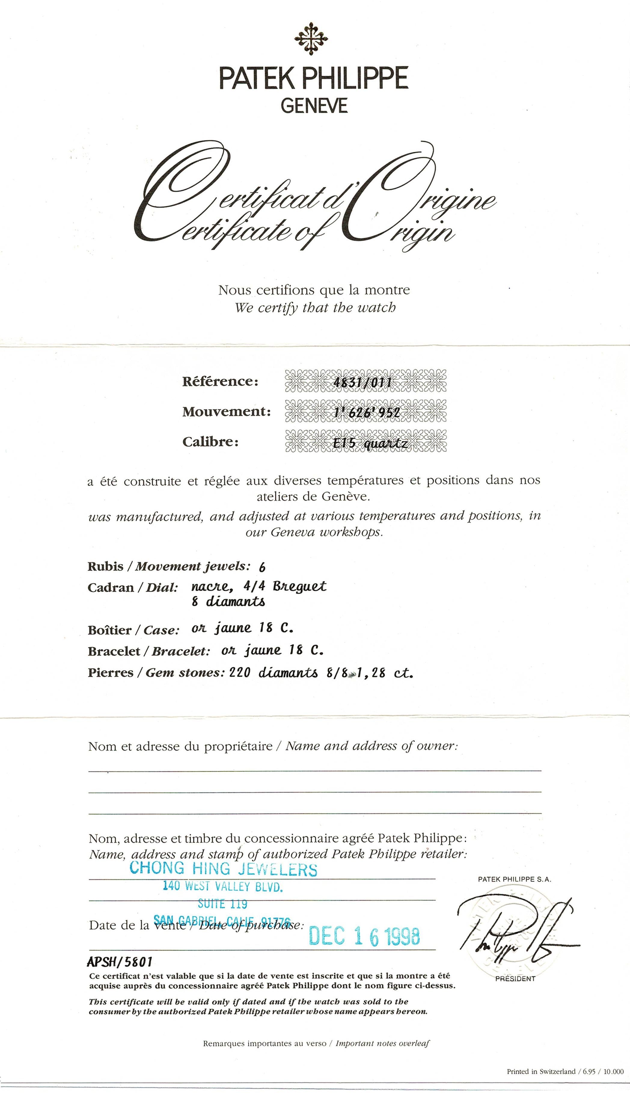 Patek Philippe Golden Ellipse 18K Yellow Gold Diamond Women's Watch Ref. 4831