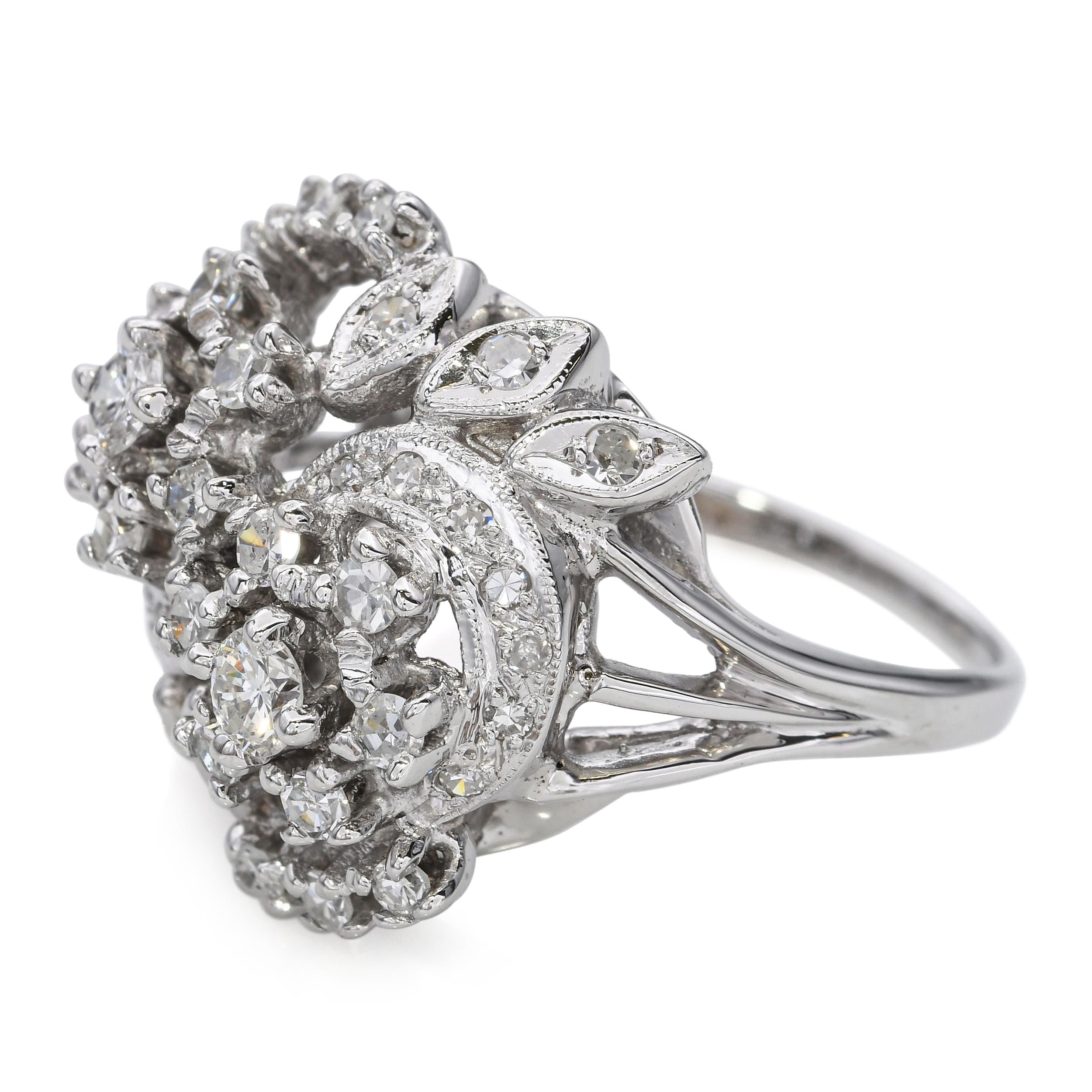 Vintage 14k White Gold 0.81tcw Diamond Floral Ring