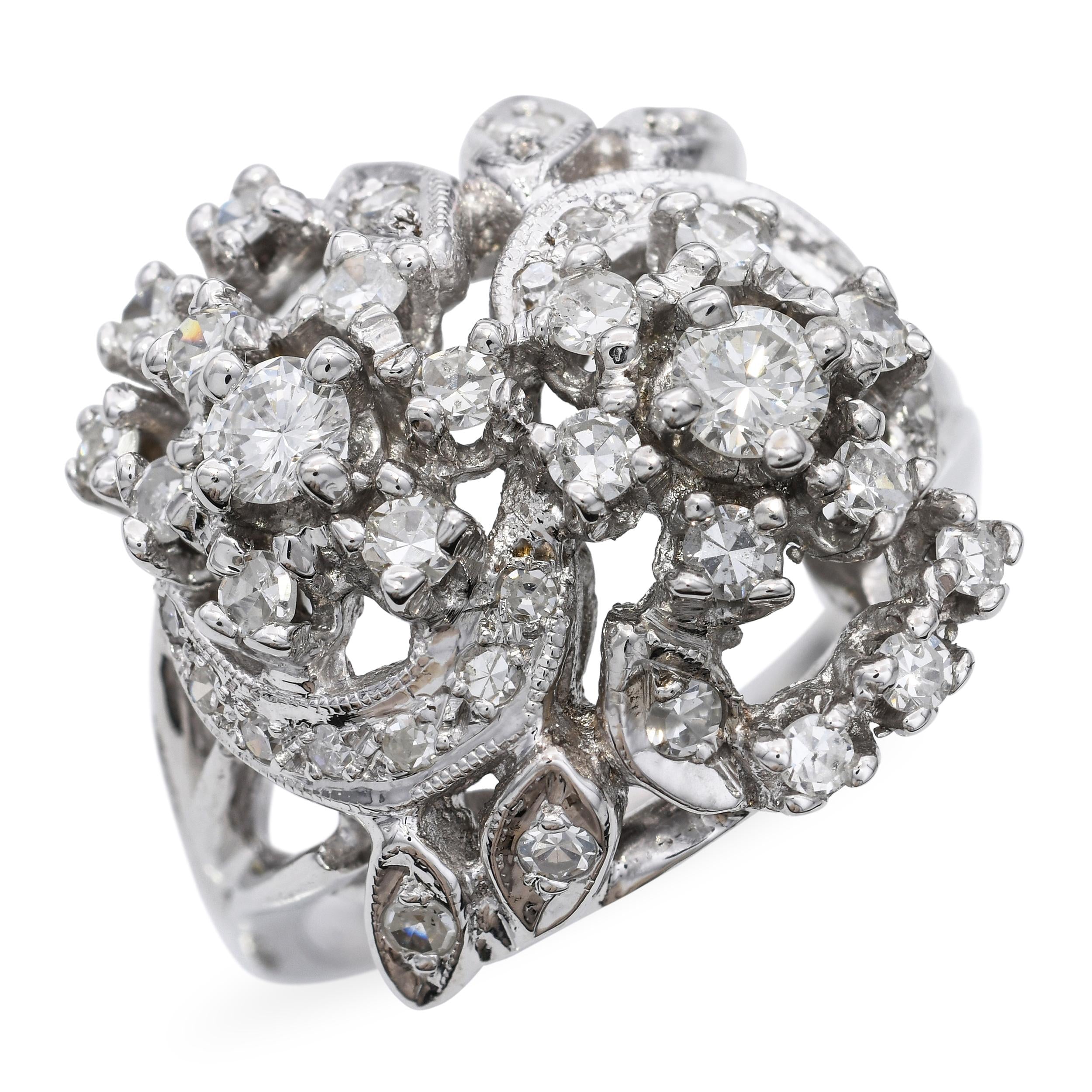 Vintage 14k White Gold 0.81tcw Diamond Floral Ring