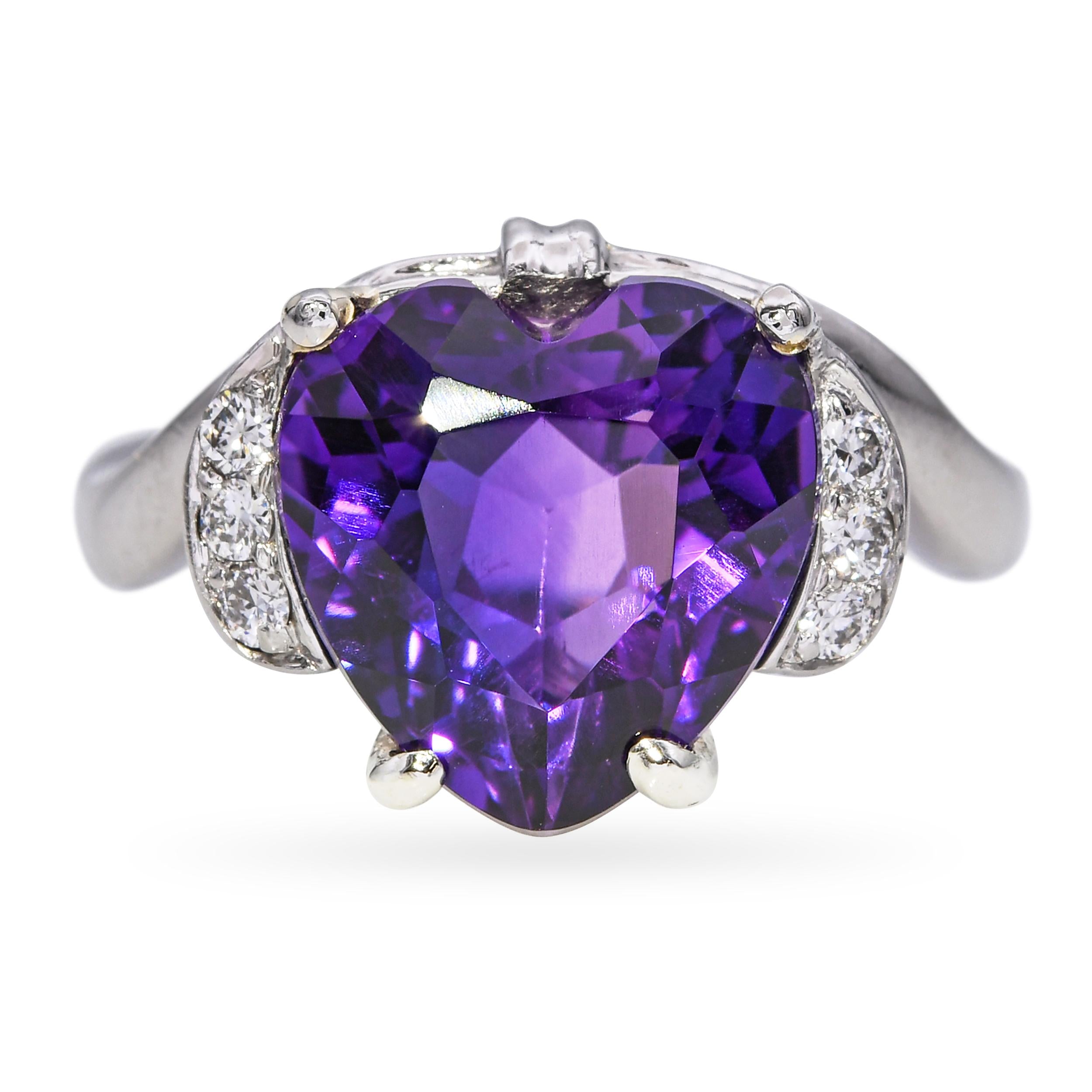 Vintage F & F Felger Platinum Amethyst Heart and Diamond Offset Ring