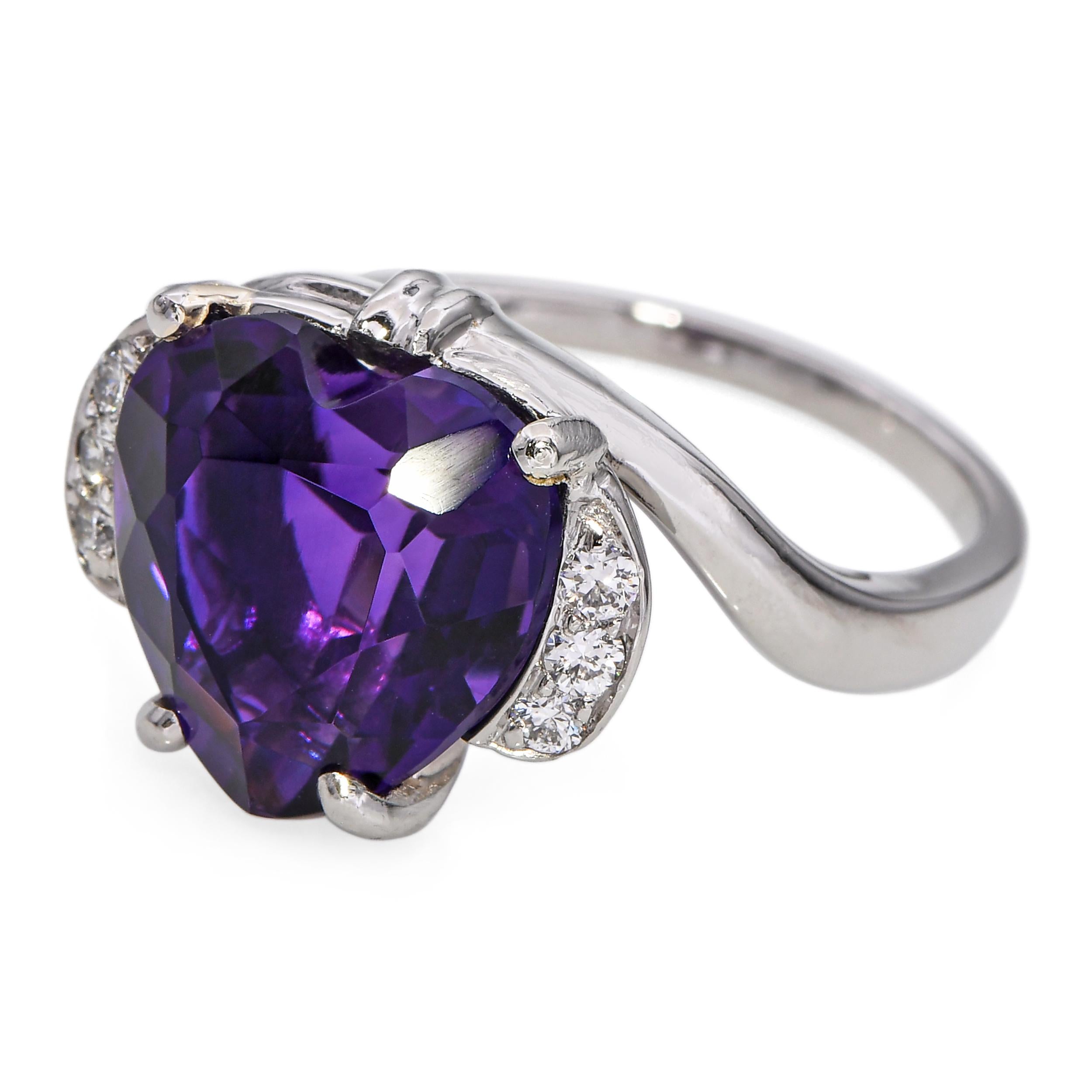 Vintage F & F Felger Platinum Amethyst Heart and Diamond Offset Ring