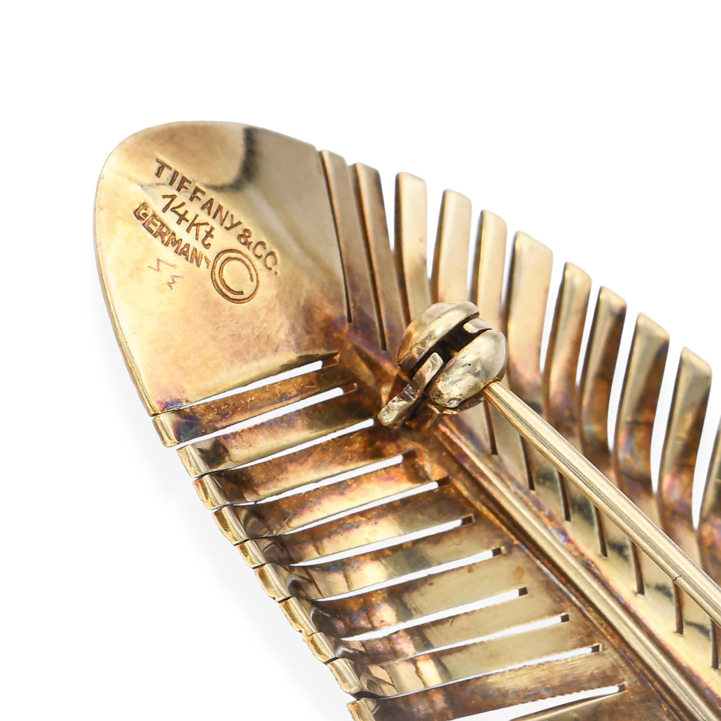 Vintage Tiffany & Co 14k Yellow Gold Feather Brooch