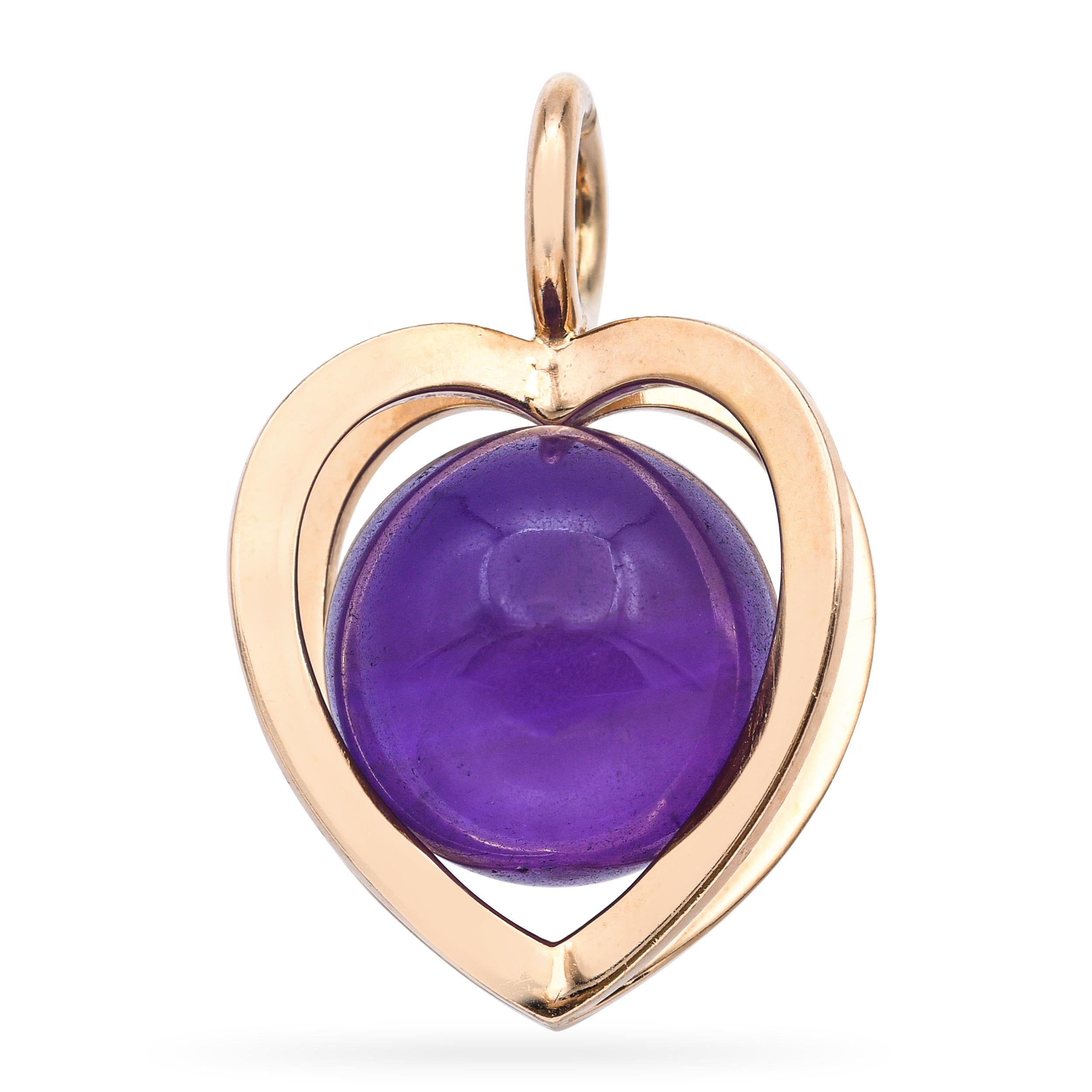 Vintage 14k Yellow Gold Amethyst Sphere Heart Pendant