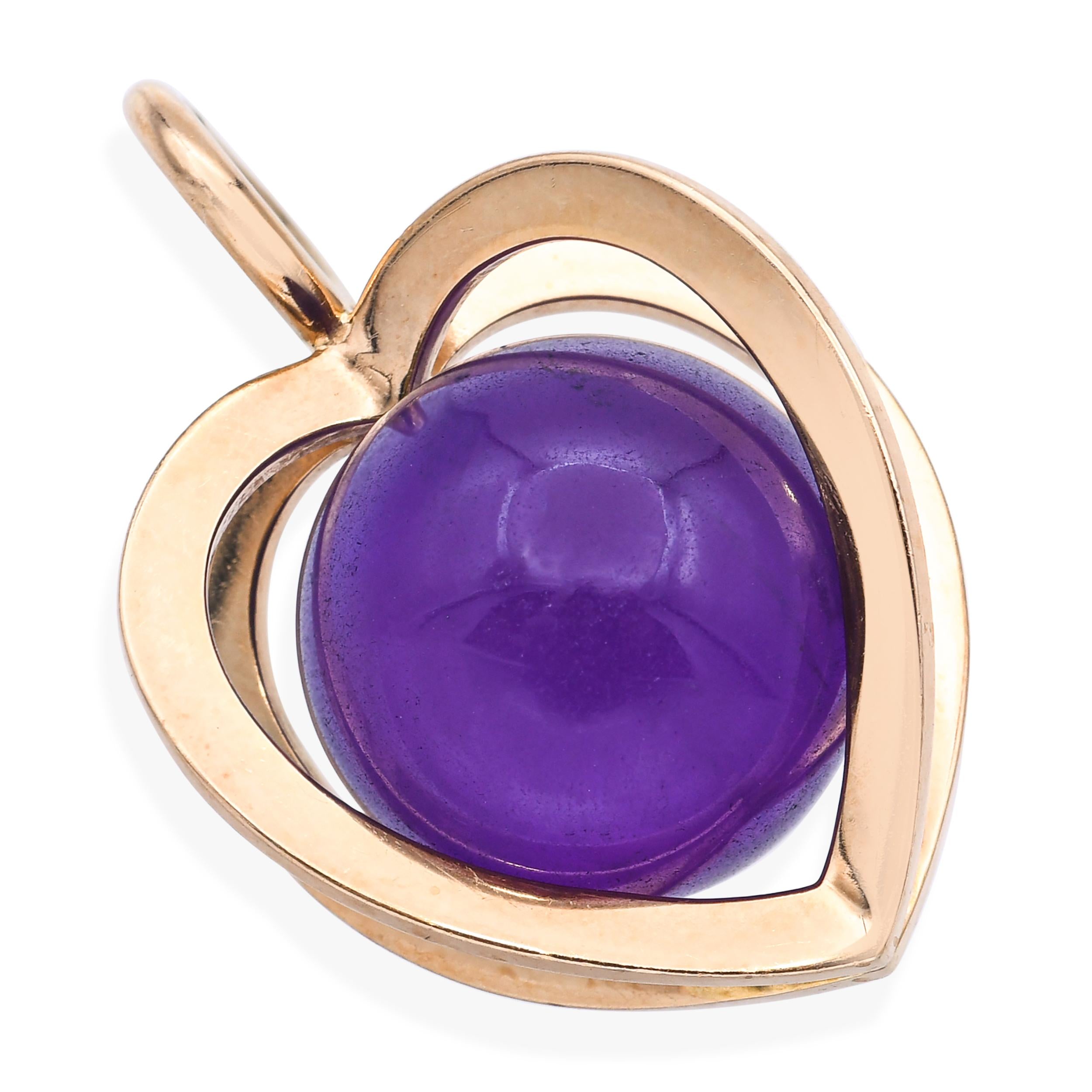 Vintage 14k Yellow Gold Amethyst Sphere Heart Pendant