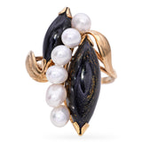 Vintage 14k Yellow Gold Pearl and Black Coral Ring