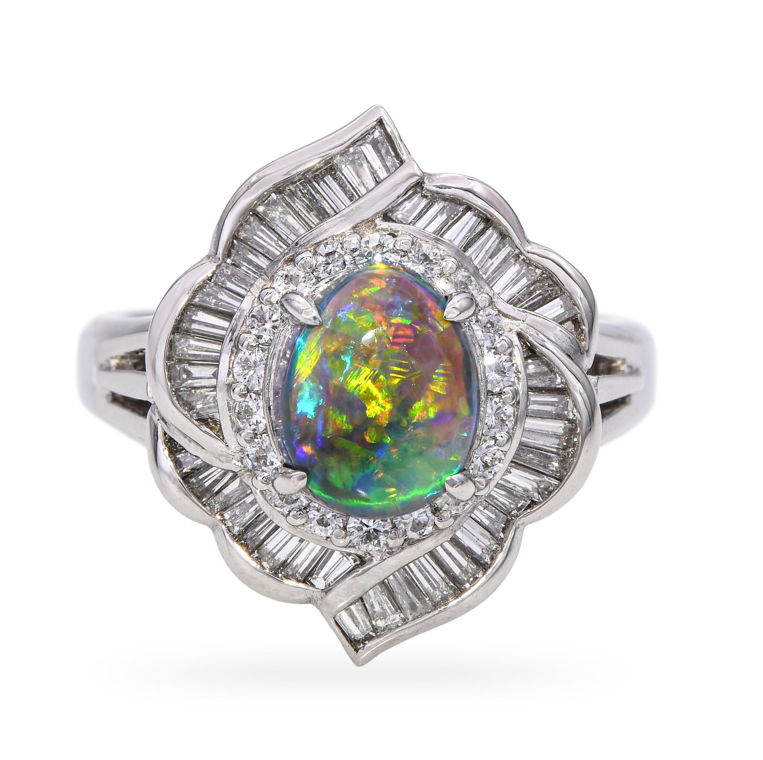 Vintage Platinum 1.15ct B4 Black Crystal Opal and Diamond Statement Ring