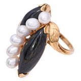 Vintage 14k Yellow Gold Pearl and Black Coral Ring