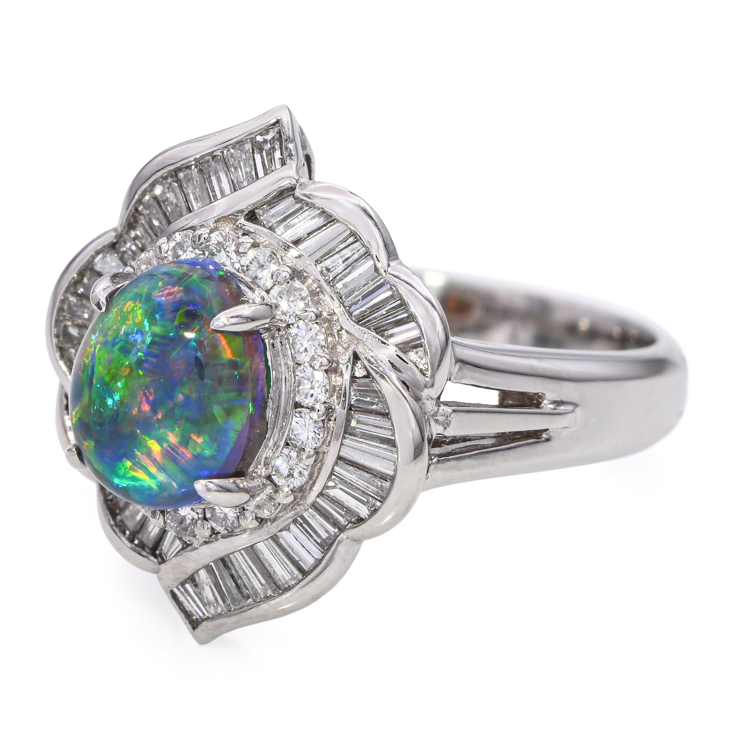 Vintage Platinum 1.15ct B4 Black Crystal Opal and Diamond Statement Ring