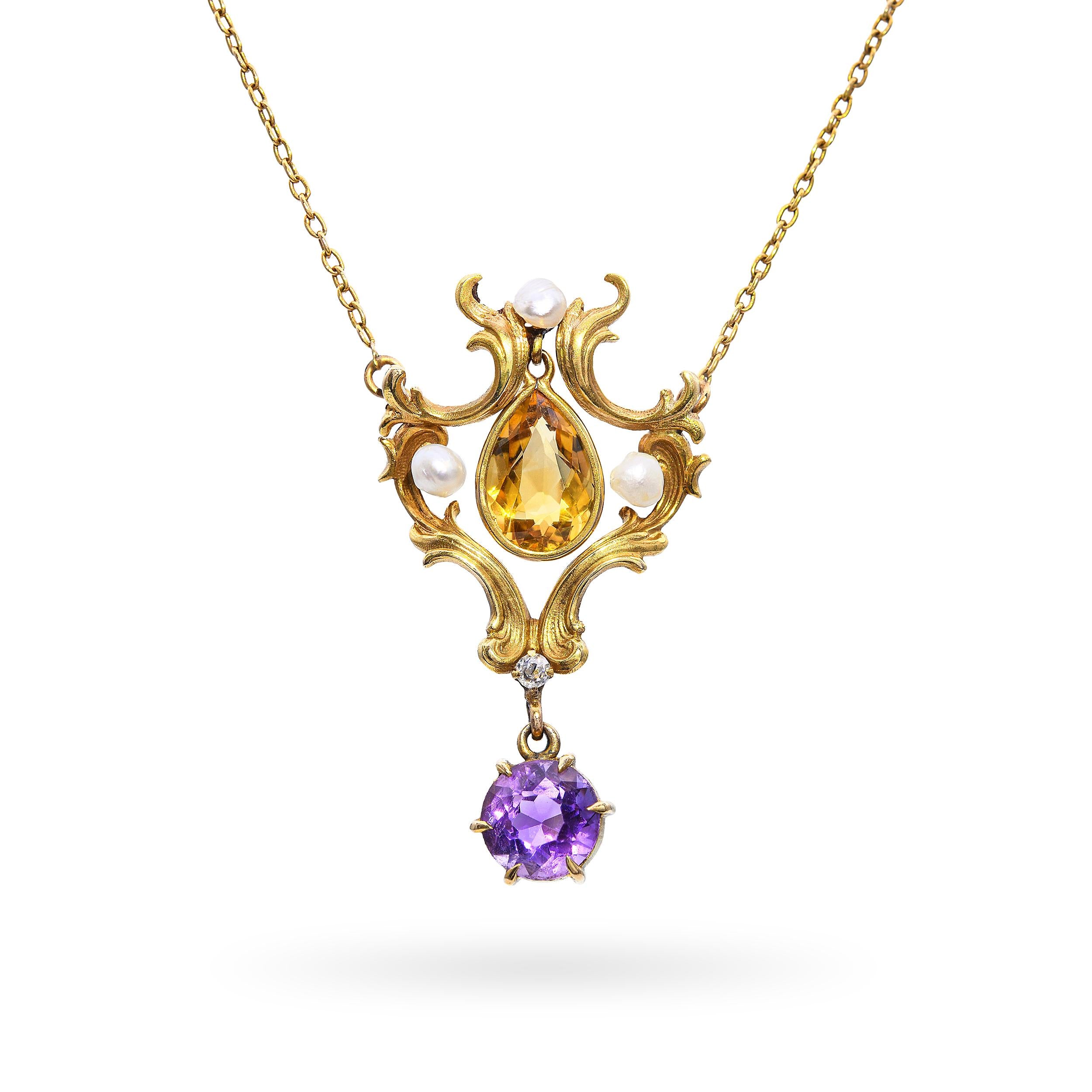 Antique Art Nouveau Yellow Gold Citrine, Amethyst, and Pearl Lavalier Necklace