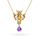 Antique Art Nouveau Yellow Gold Citrine, Amethyst, and Pearl Lavalier Necklace